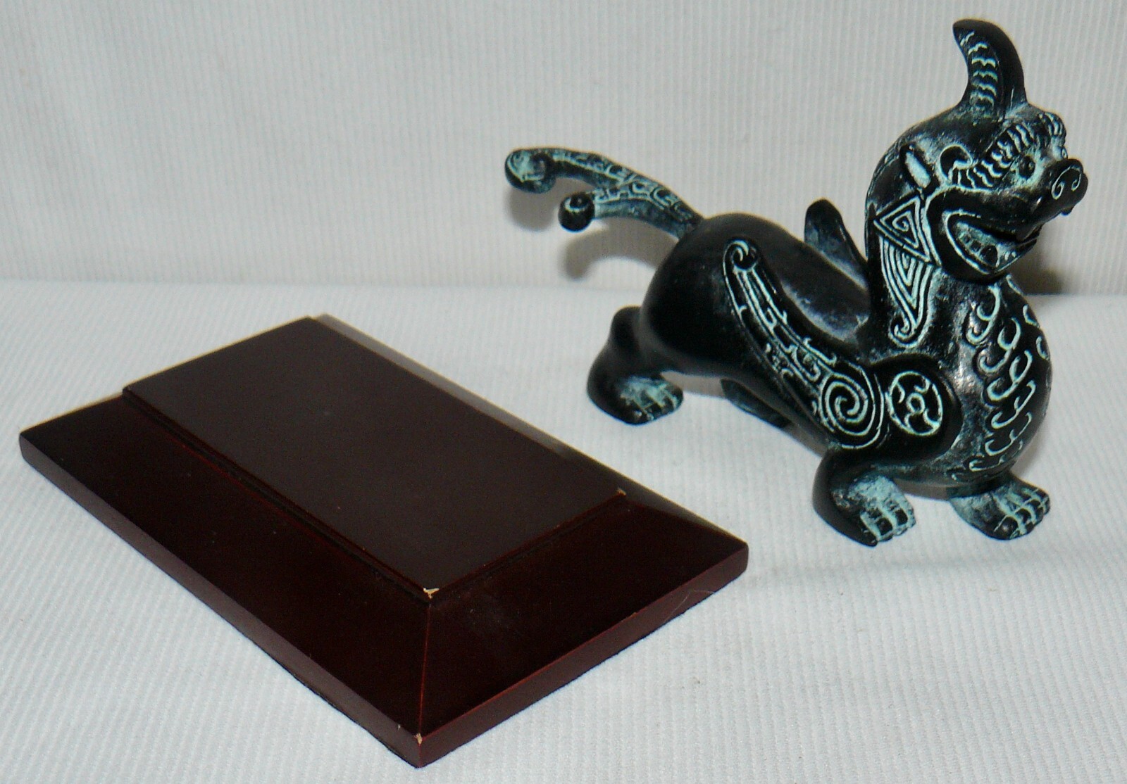 Chinese Bronze Griffin On Wood Stand 5×5″ Hollow