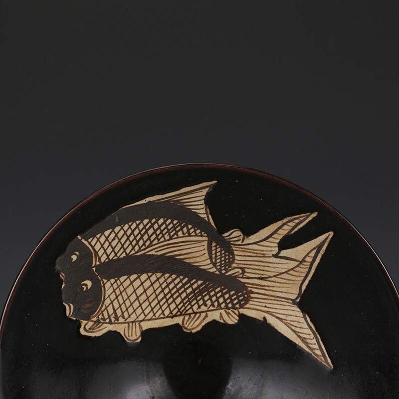 6.2″ China Jizhou Kiln Porcelain Black Glaze Brown Color Fish Grain Teacup