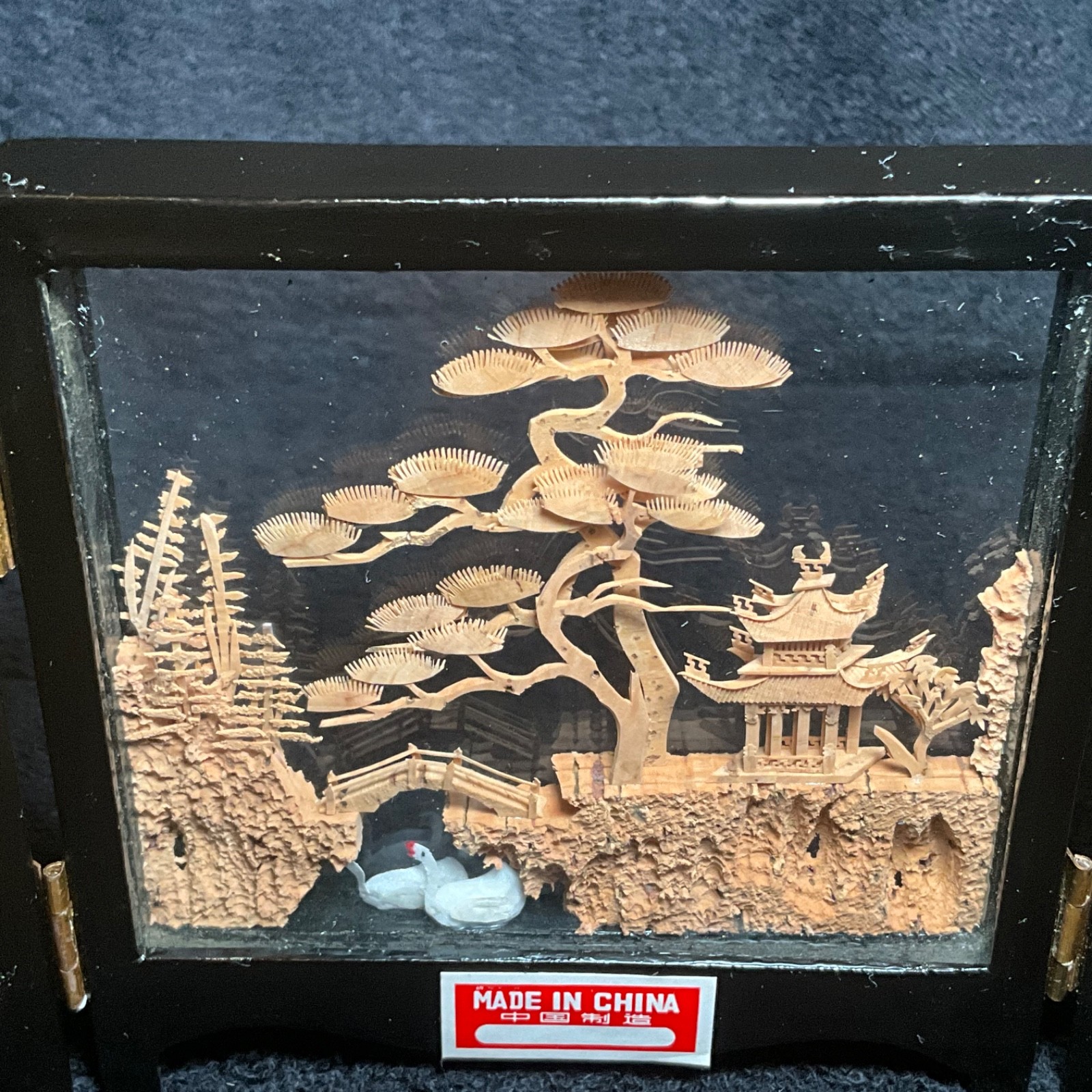 2x-VTG SAN YOU Tri-Fold Oriental Hand Carved Cork Pagoda Diorama w Cranes