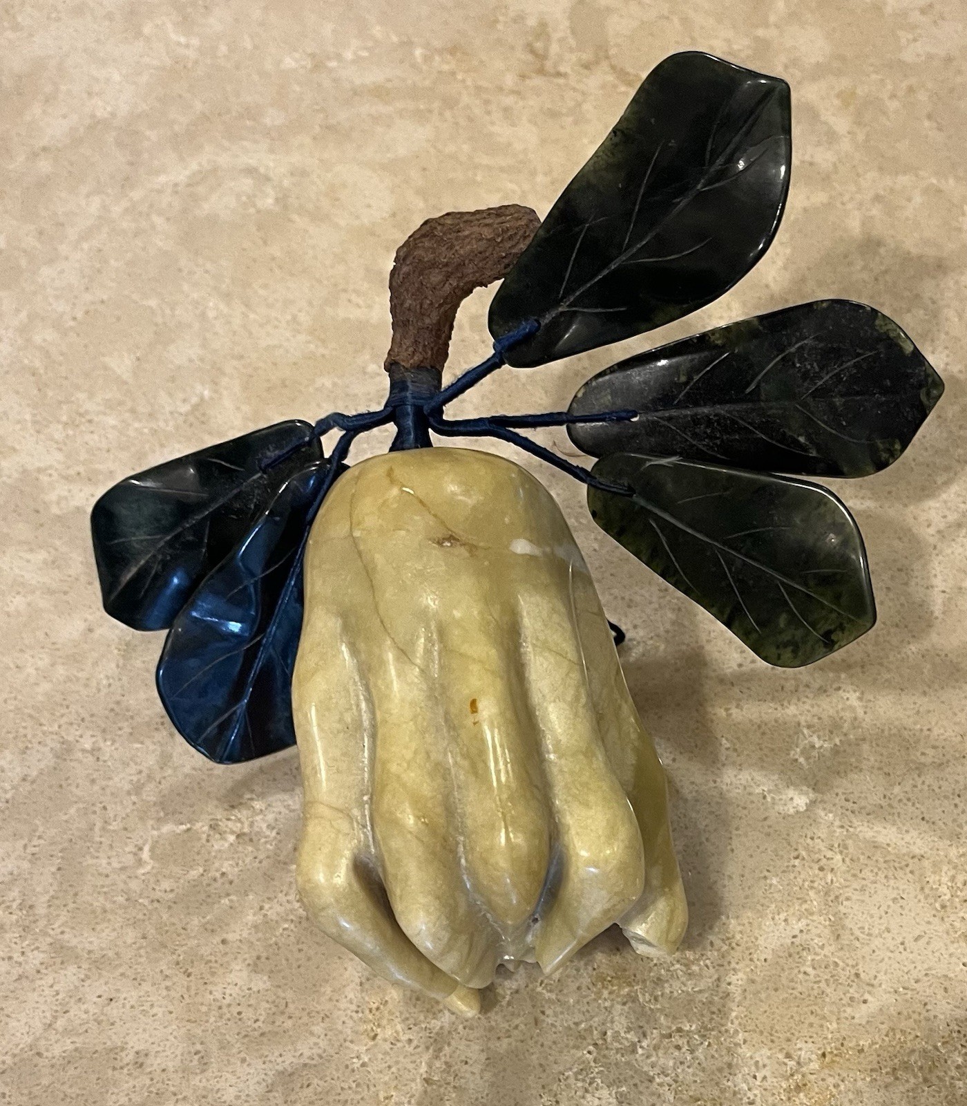 Vintage Chinese Dragonfruit Carved Hard Stone Light green with Dark Green Leaves