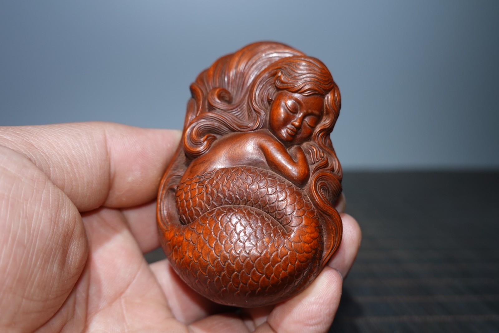 3.1″ Collect China Box-wood Carving Mermaid Pocket Figurine Handheld Statue