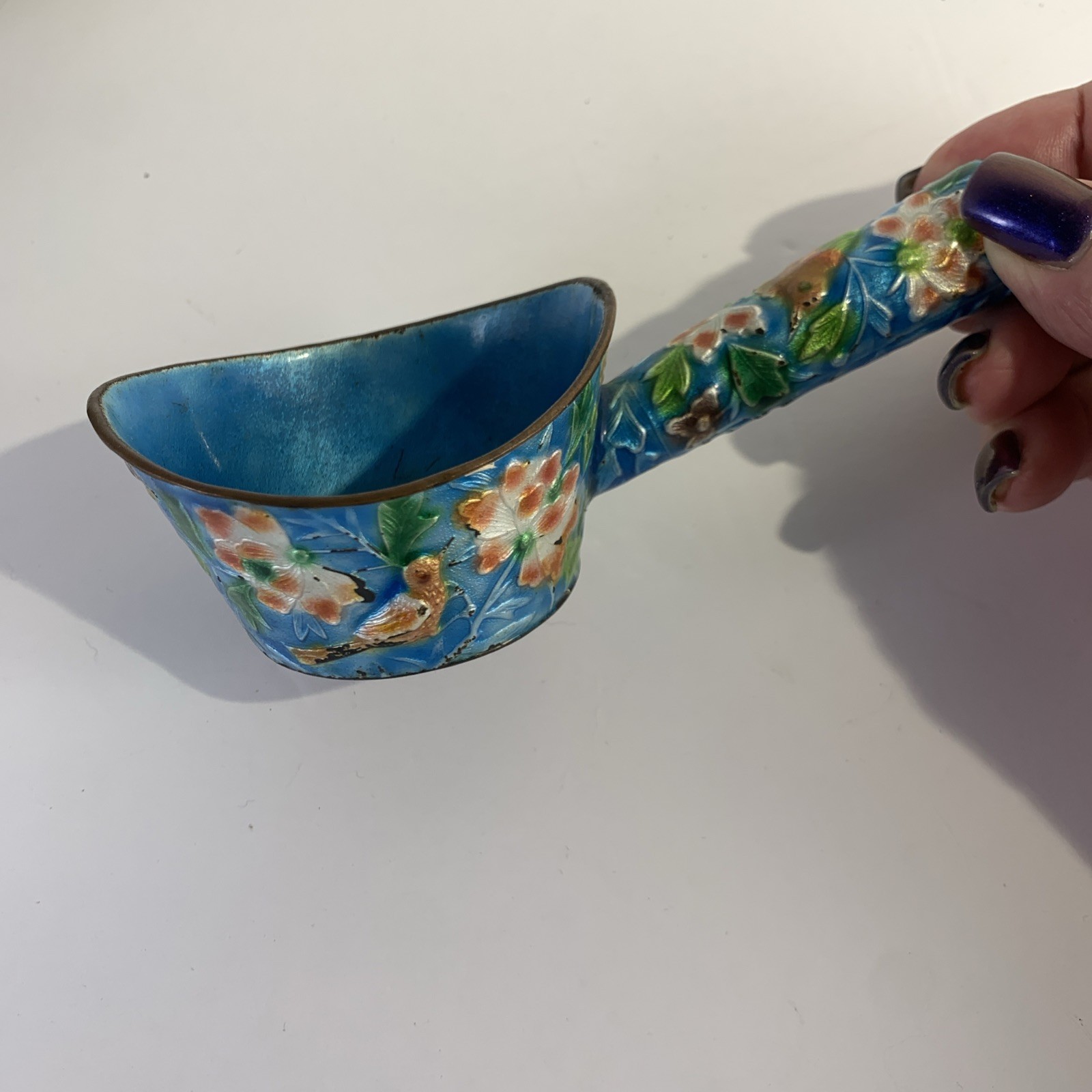 Antique Chinese Cloisonné Silk Iron Turquoise Bird Floral Dipper Scoop Qing Dyn