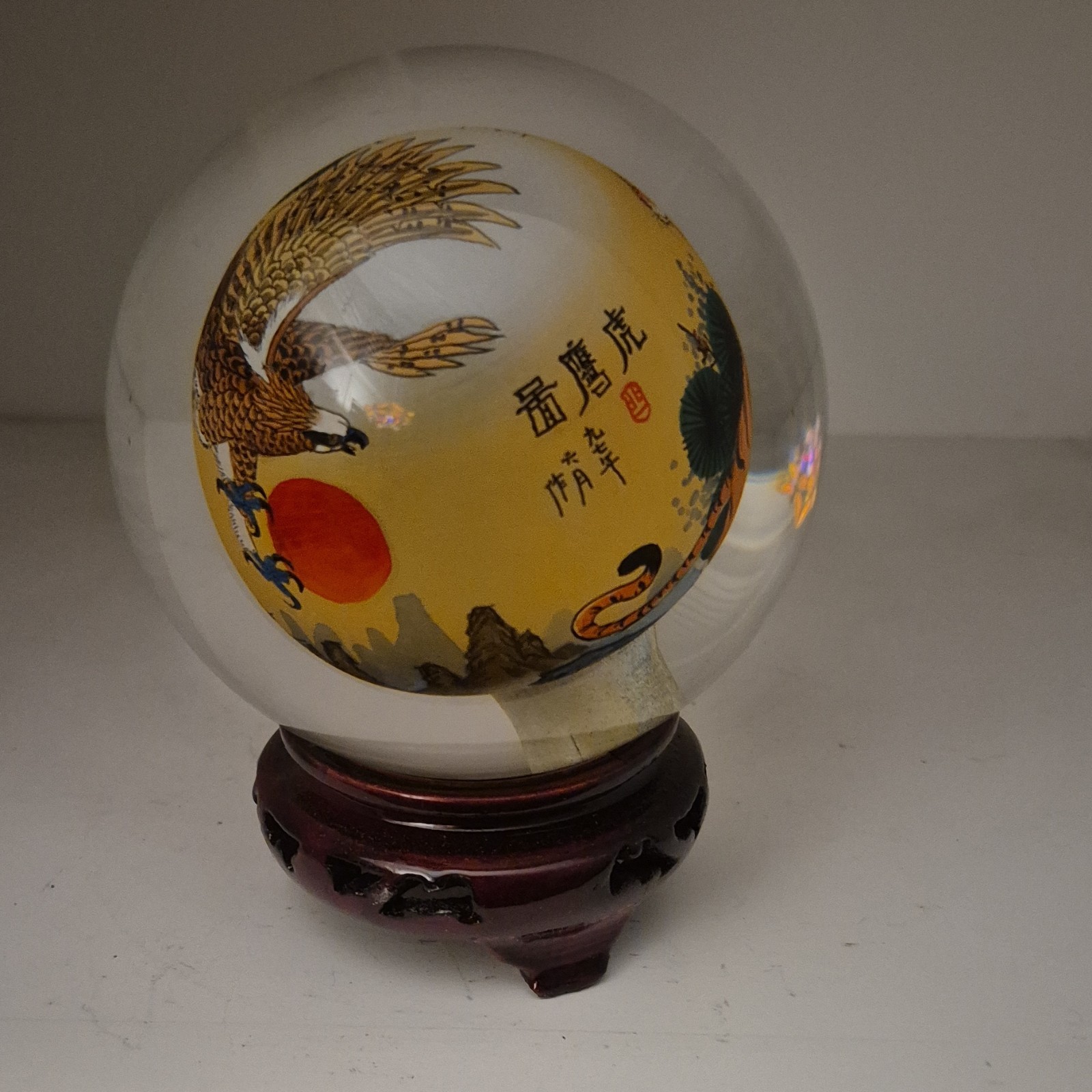 Large 4.5″ Vintage 1997 Chinese Inner-Painted Crystal Ball-Eagle & Tiger Stand