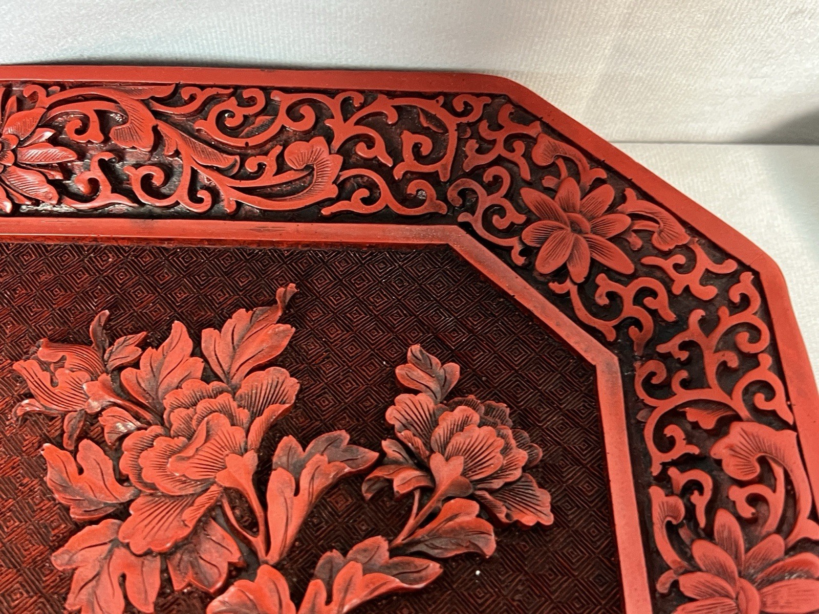 Vintage Chinese Cinnabar Lacquer Serving Tray Platter Carved Peony Floral 14×10″