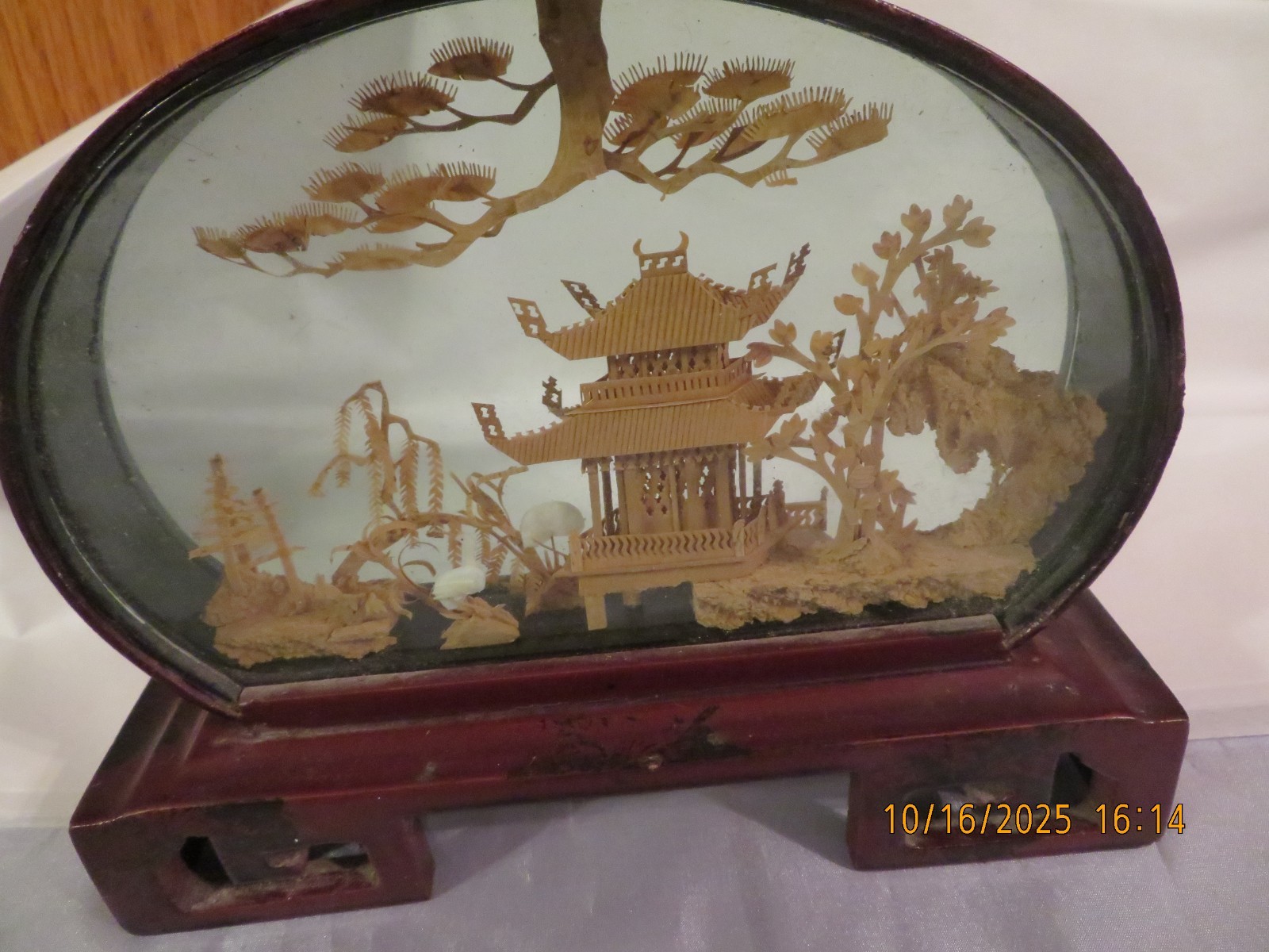 Vintage Chinese Cork Art Hand Carved Diorama Lacquered Pagoda Cranes Trees