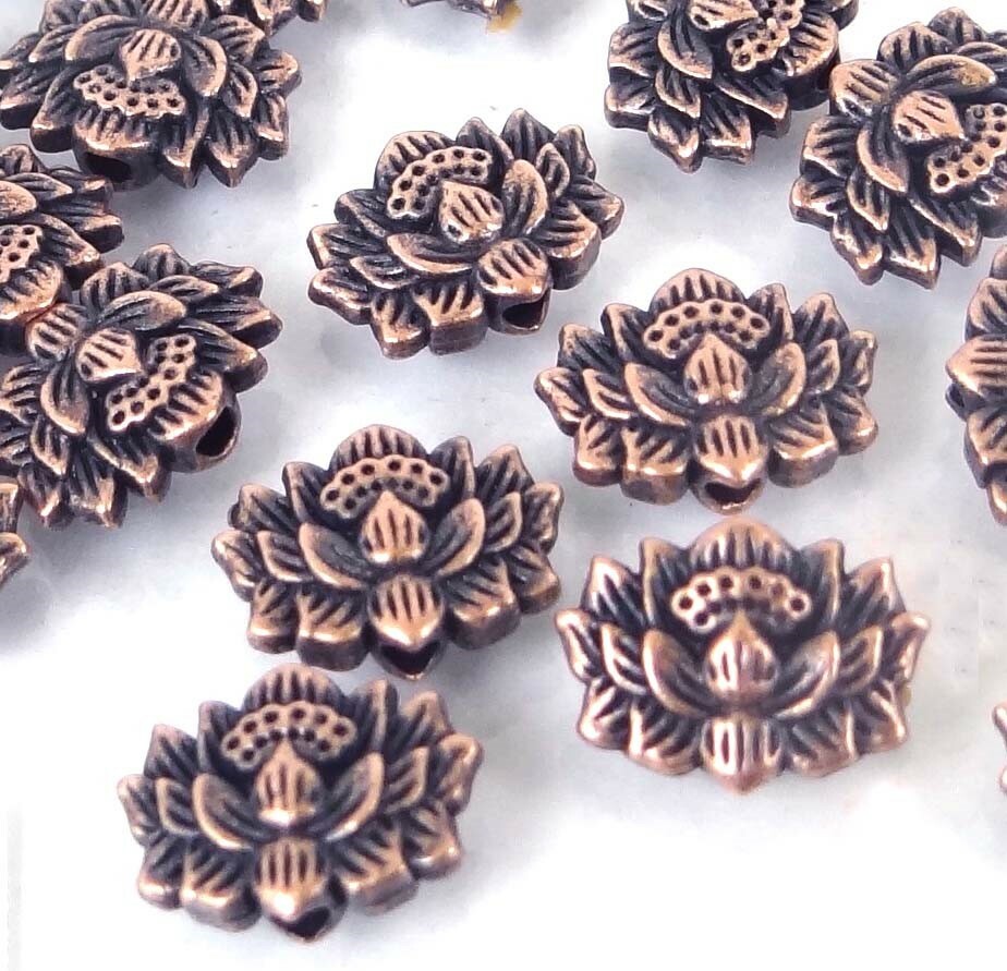 15 Antique Copper Pewter Lotus Flower Buddhist Beads 12x8mm