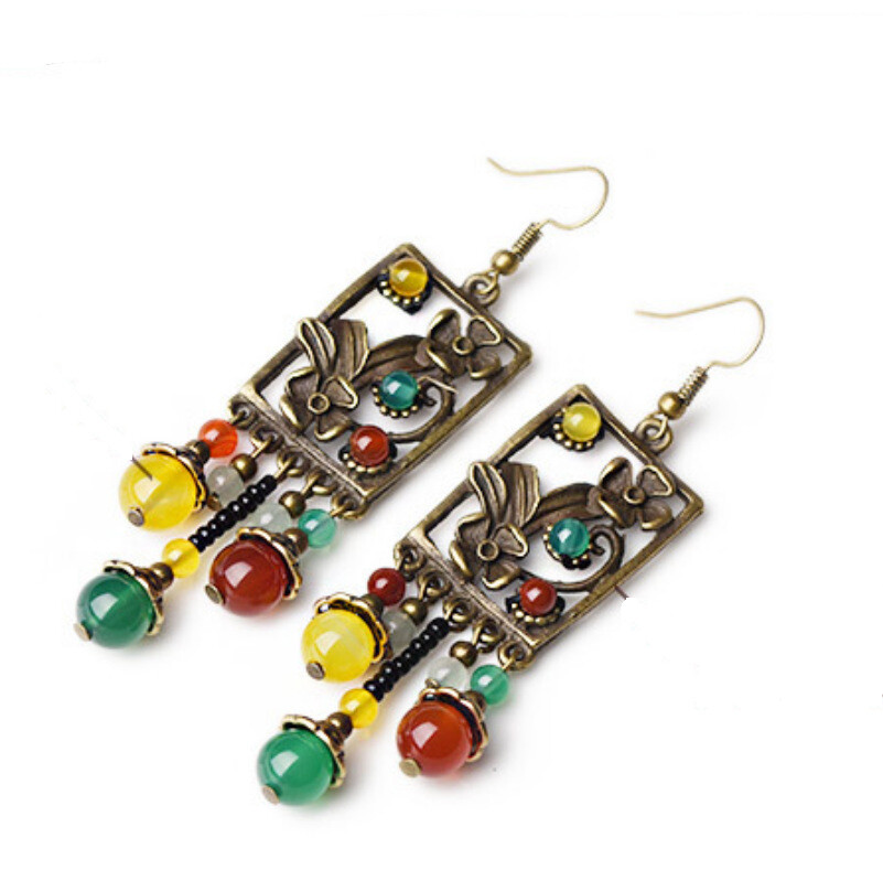 China Yellow Green Agate/Alloy Tibetan Style Exquisite Fashion Earbob Earrings
