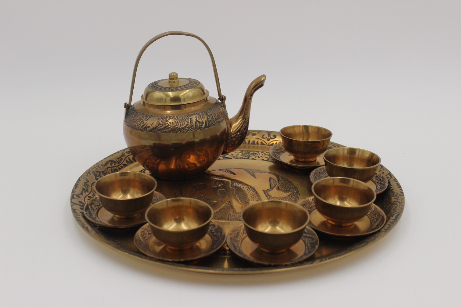 Vintage Handmade Chinese Calendar Brass Zodiac Signs Tea Set Unmarked Unsigned