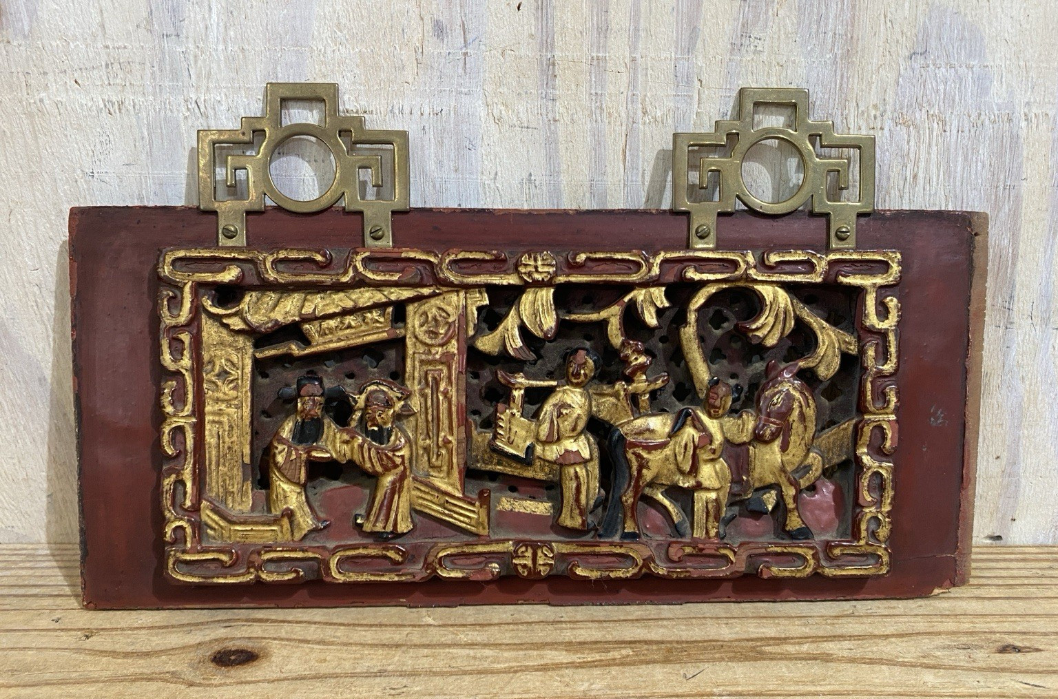 Distressed Carved Gilt Wood Chinese Panel Plaque Brass Hanger