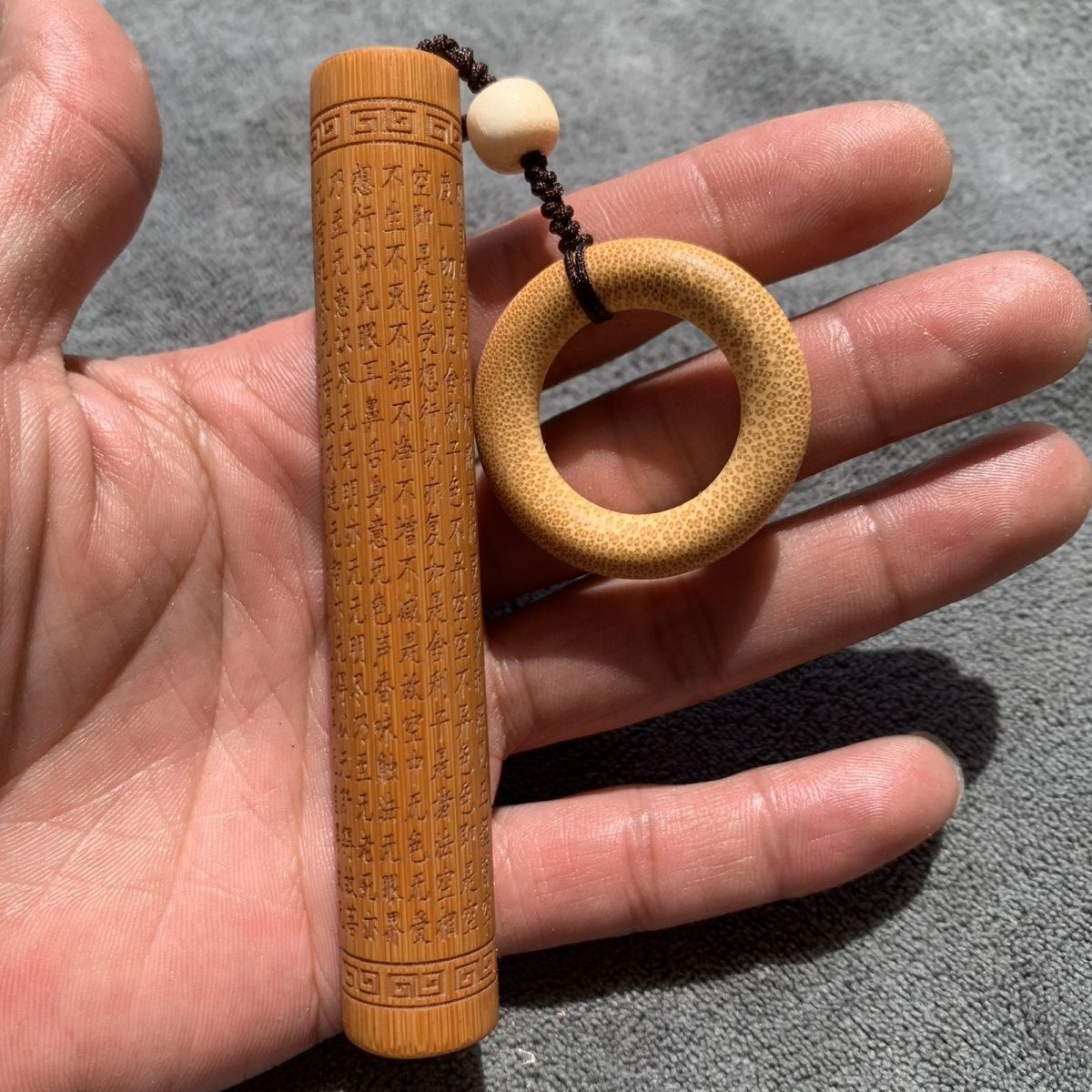 Solid Bamboo Heart Sutra Carving Handheld Wenwan Pendant 10-12cm