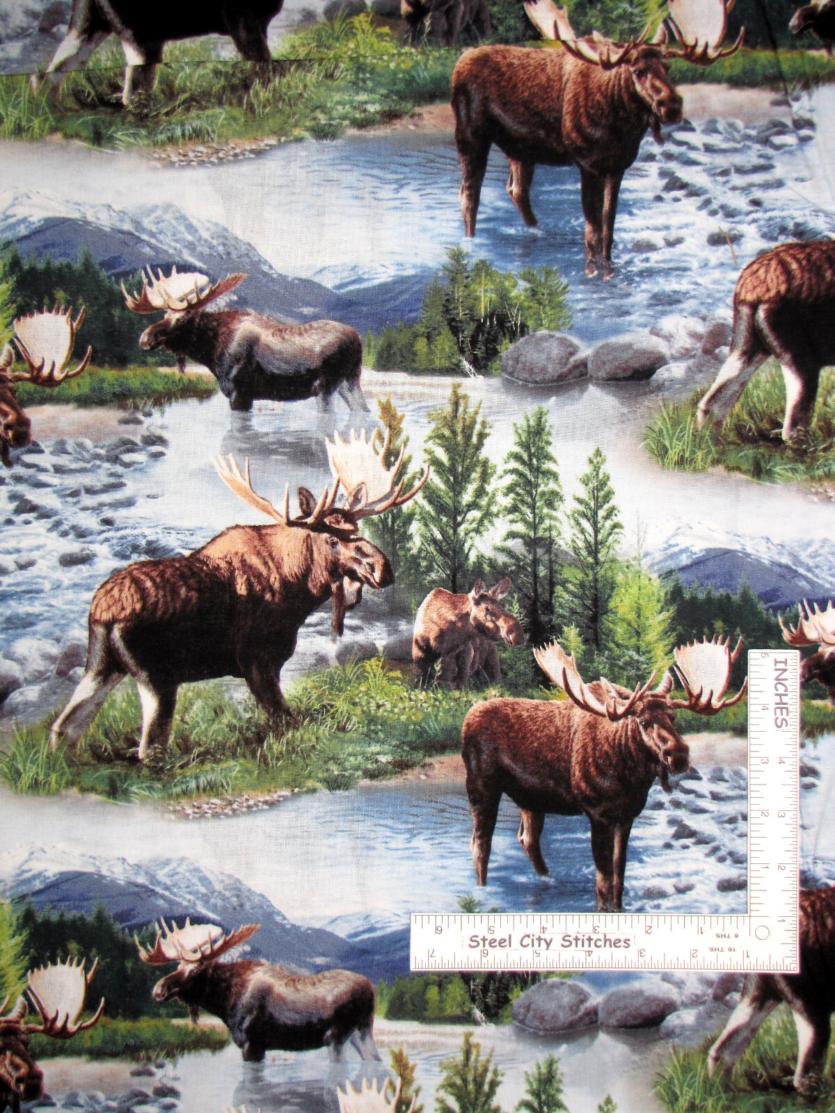 Moose Cow Animal Fabric By The Yard Wild Wings Lake Massepequa Cotton CP62287