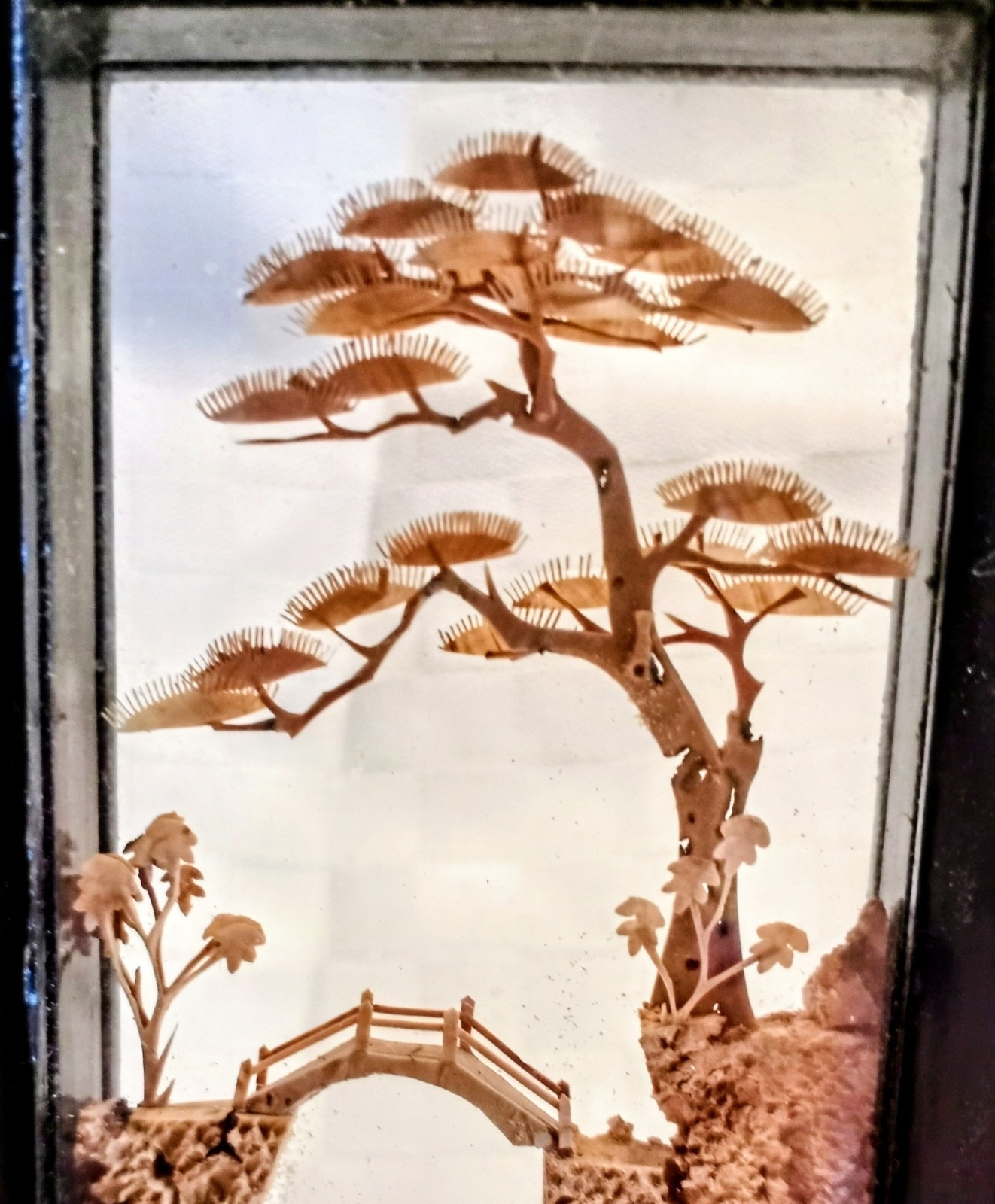 Chinese Cork Art Vintage 1980’s Miniature Screen Carved Birds, Trees, Pagodas