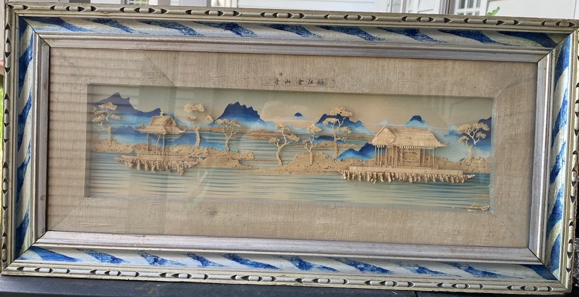 Vintage Chinese Cork Carving Zhenjiang Jinshan Temple Framed Diorama 23×11