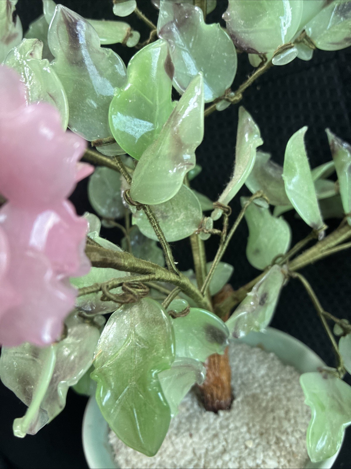 CHINESE ANTIQUE JADE BONSAI TREE MULTI COLOR FLOWER BLOSSOMS VTG GLASS FLOWERS