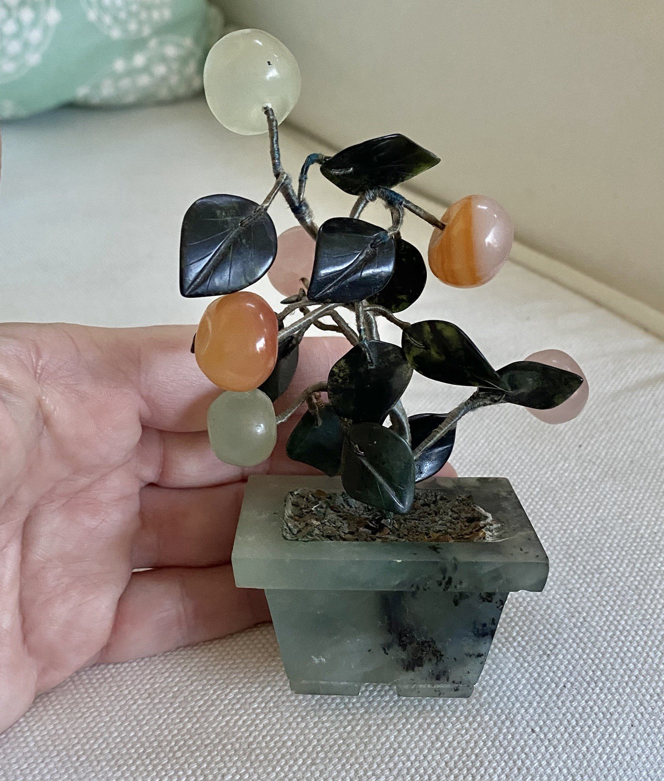 Vtg Chinese Asian Fruit BONSAI TREE JADE CARNELIAN Rock Crystal Soapstone 5”