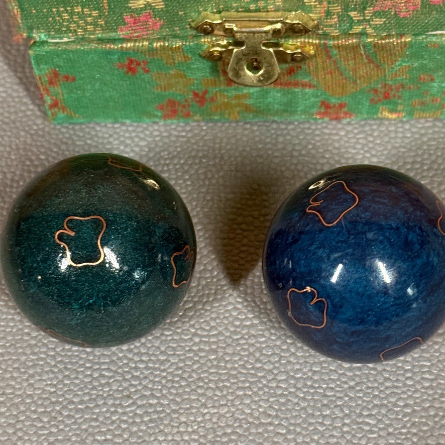 Vintage Cloisonne Health Ball Set Sun Moon Stars in Silk Box Chinese Baoding