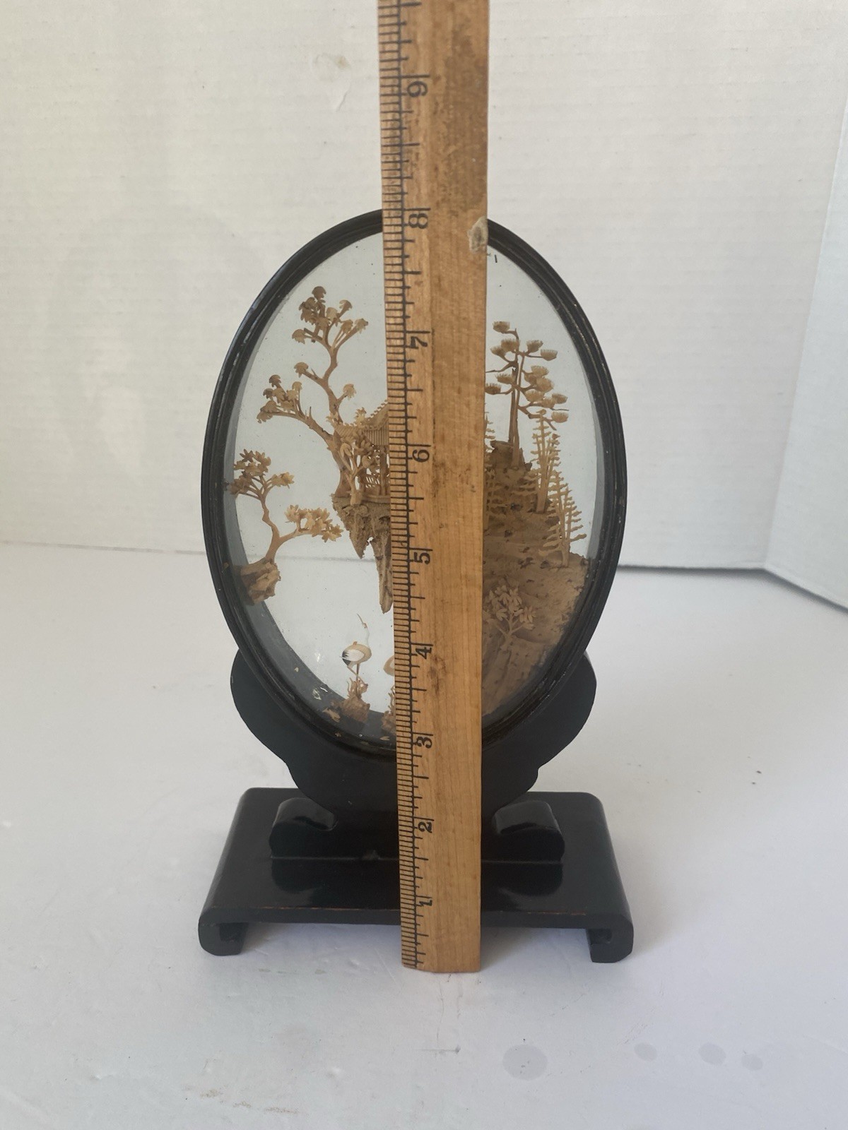 VTG Oriental Hand Carved Cork Art Diorama Pagoda Lacquer Frame Asian Chinese