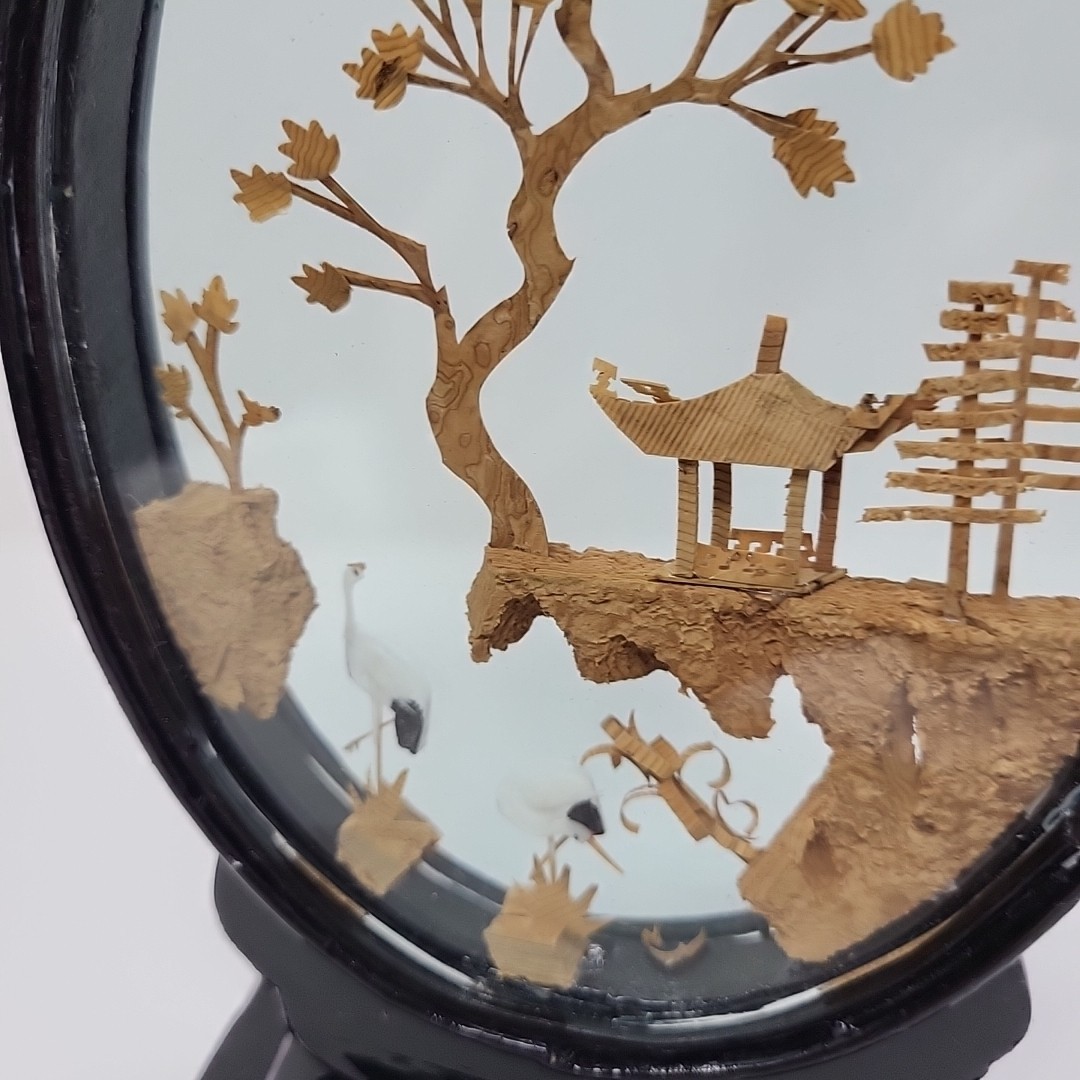 Vintage Oval Chinese 3D Art Wood & Cork Diorama Asian Crane Tree on Pedestal