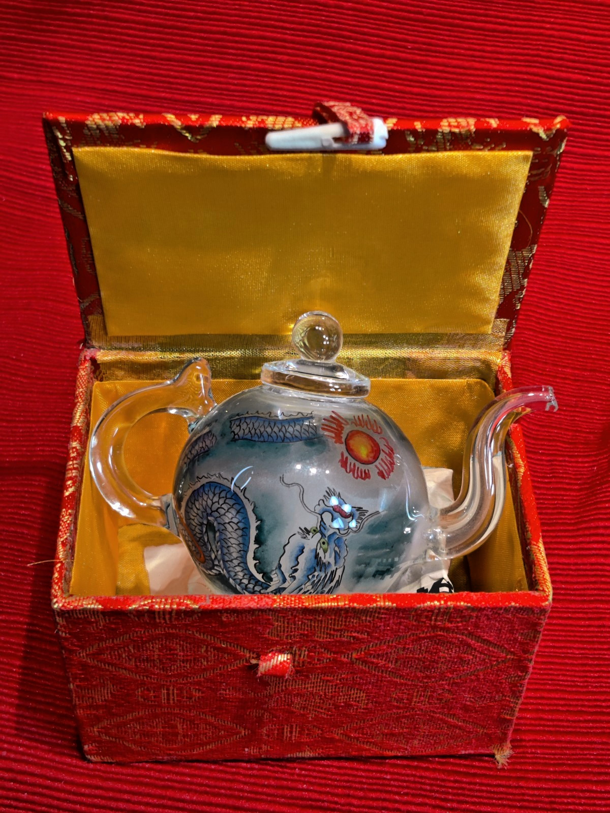 VTG Asian Glass Teapot Mini Reverse Painted Dragons Tea Pot Gift Box Small