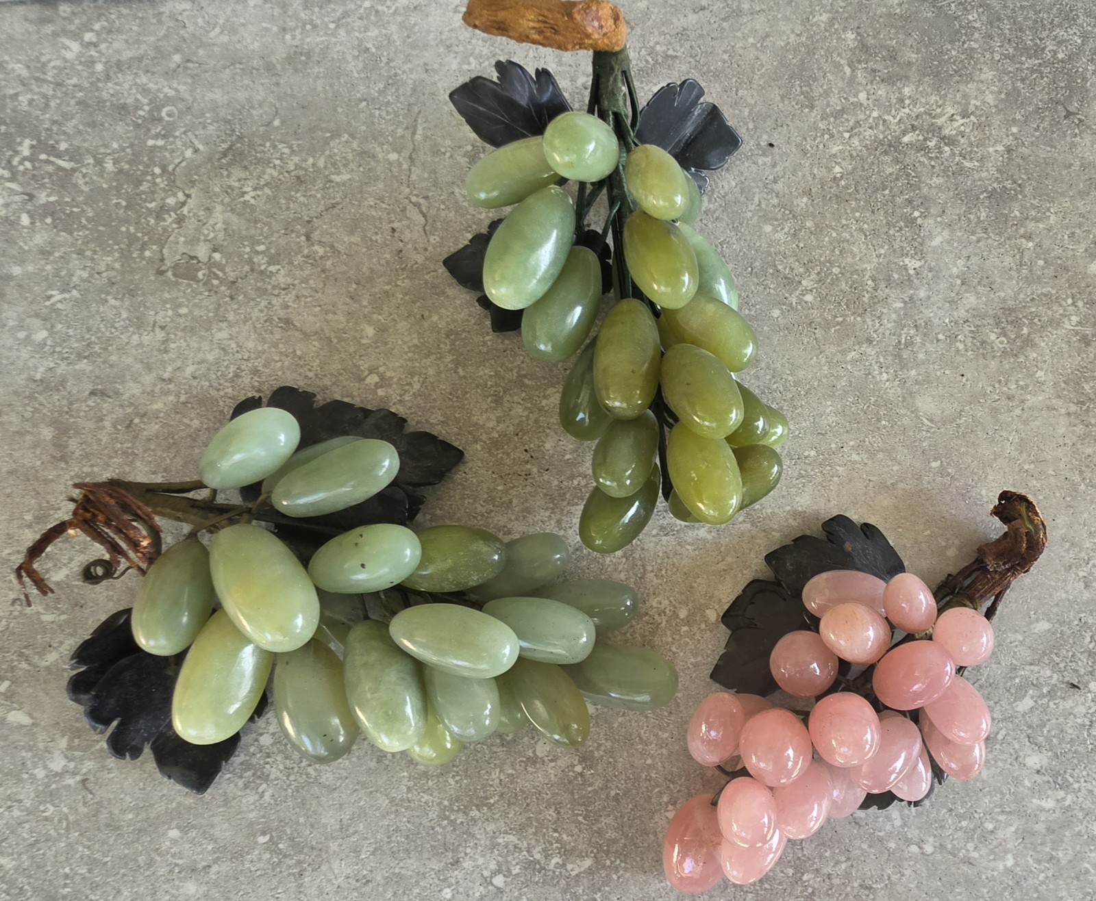 Lot 3 Vtg Green Jade Pink Quartz Chinese Stone Grape Leaf Clusters Carved Leaves