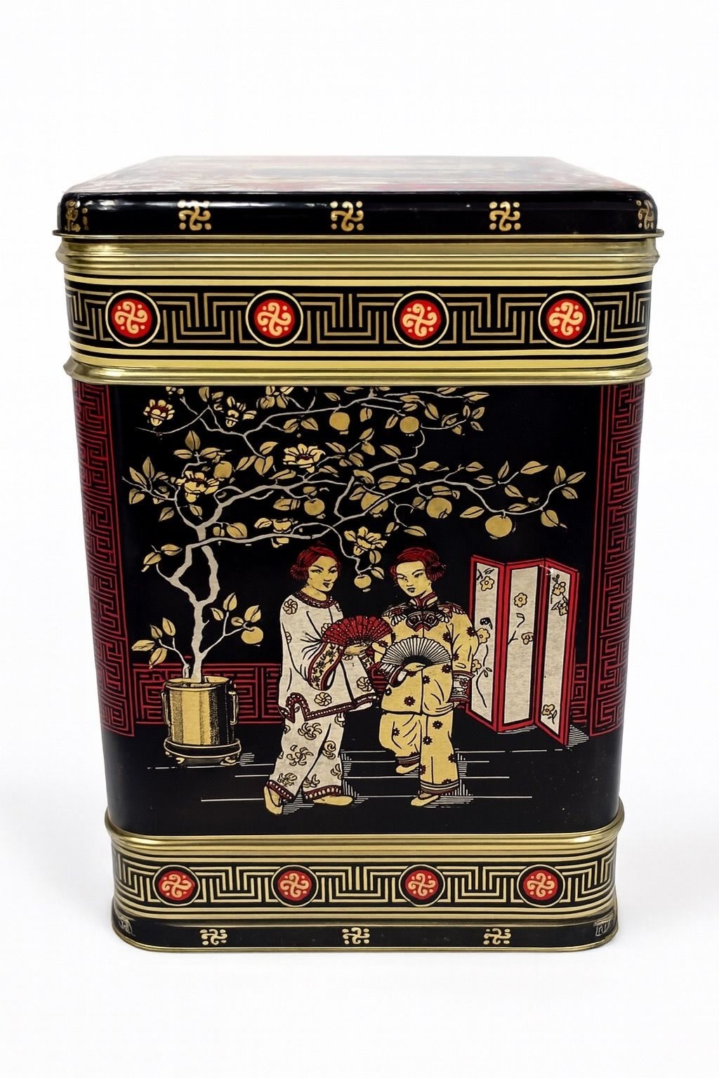 English Tea Tin Caddy Vintage 1970s Chinese Hinged Lid Black Red Gold Cranes Asi