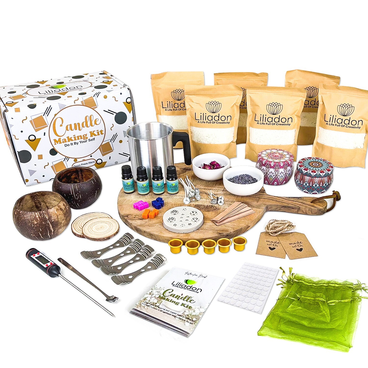 Liliadon Pack of 17 Soy Candle Making Kit with 40 oz Soy Wax, 12 Color Dyes.