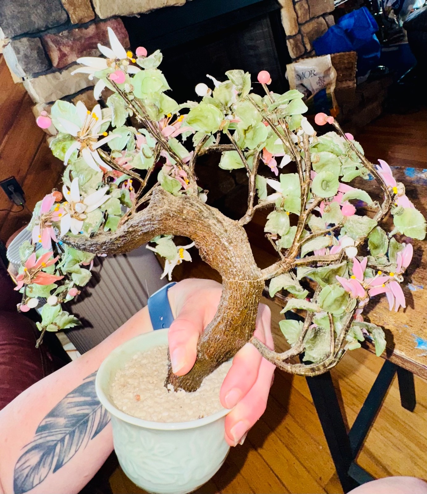 Vintage Large Chinese Jade Stone Glass Bonsai Tree Multi Color