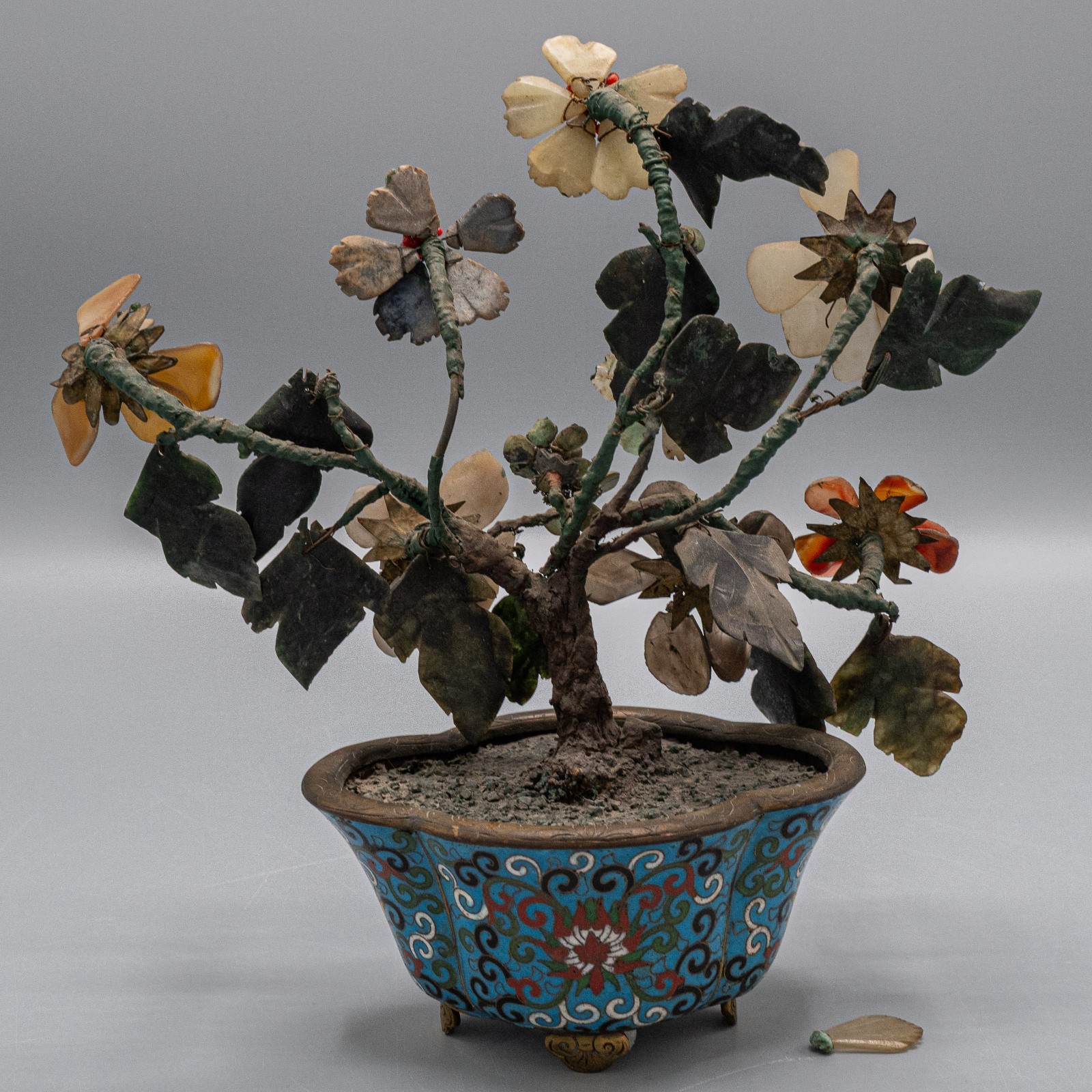 Chinese Jade Hard Stone Tree in Cloisonne Pot 8 1/2″ Vintage/Antique – READ #B