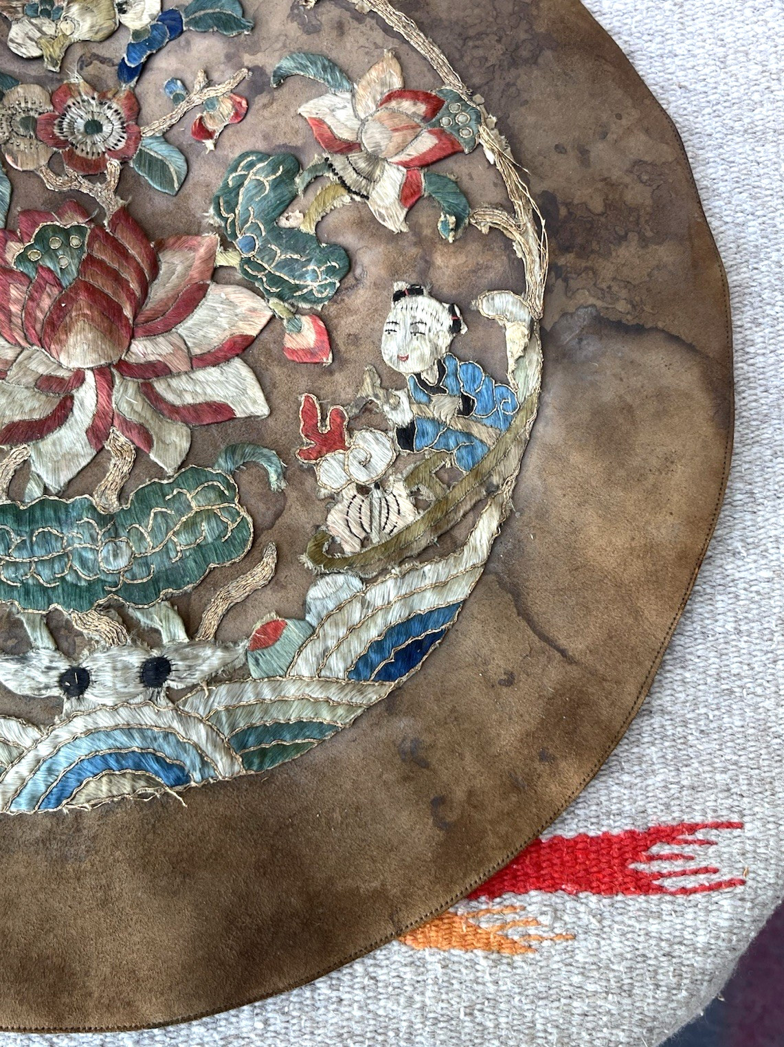 Antique Chinese Asian Leather Embroidered Silk Roundel Art Panel 15″ Qing Floral
