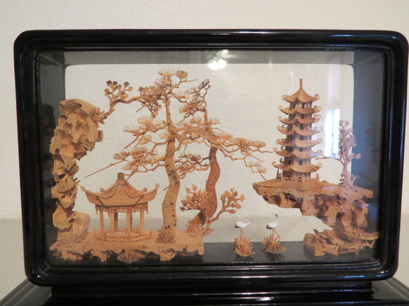 Asian Cork Diorama Pagoda Cranes Temple Trees 11 x 7.5