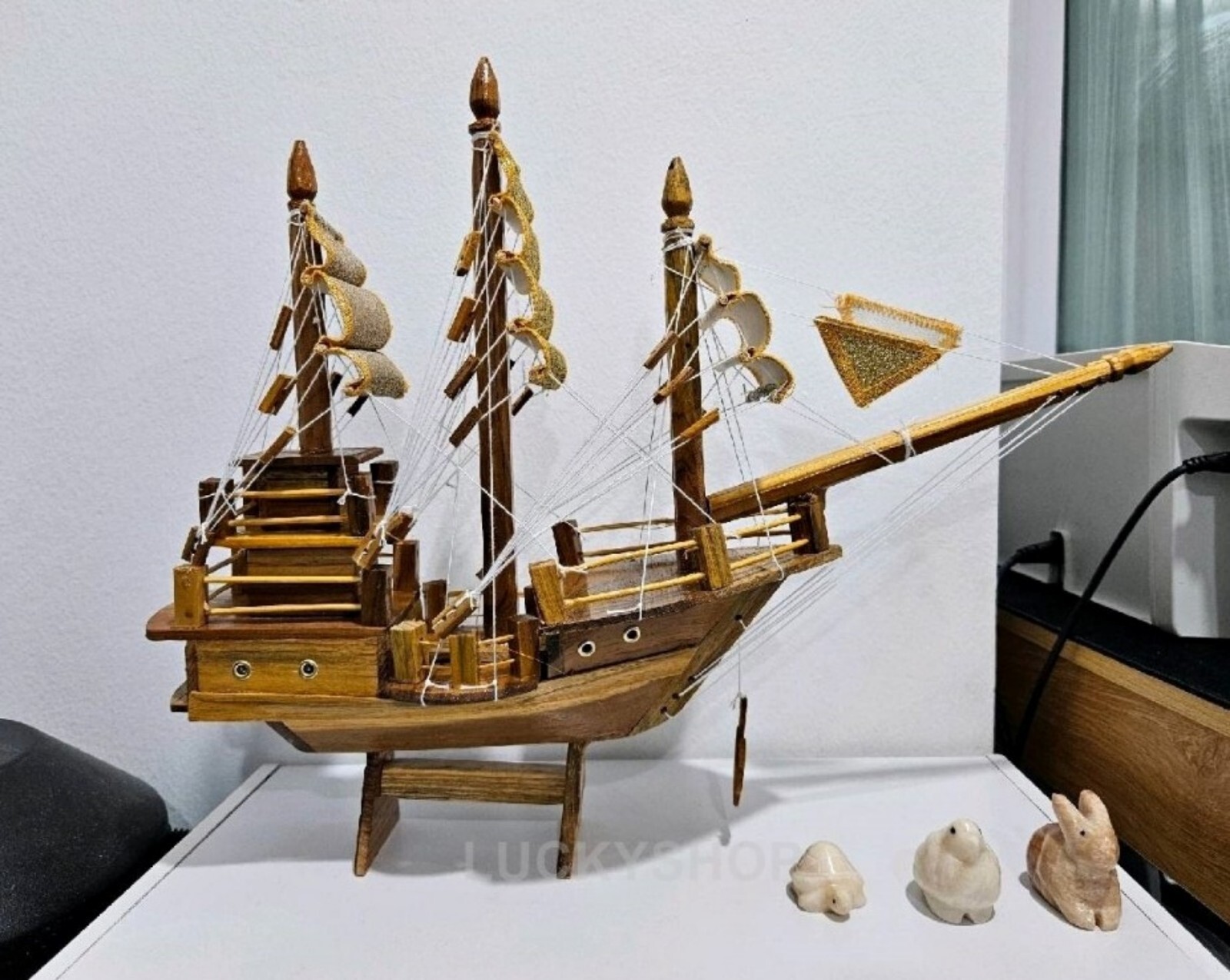 Golden Teak Chinese Junk Ship Model for Prosperity and Fortune