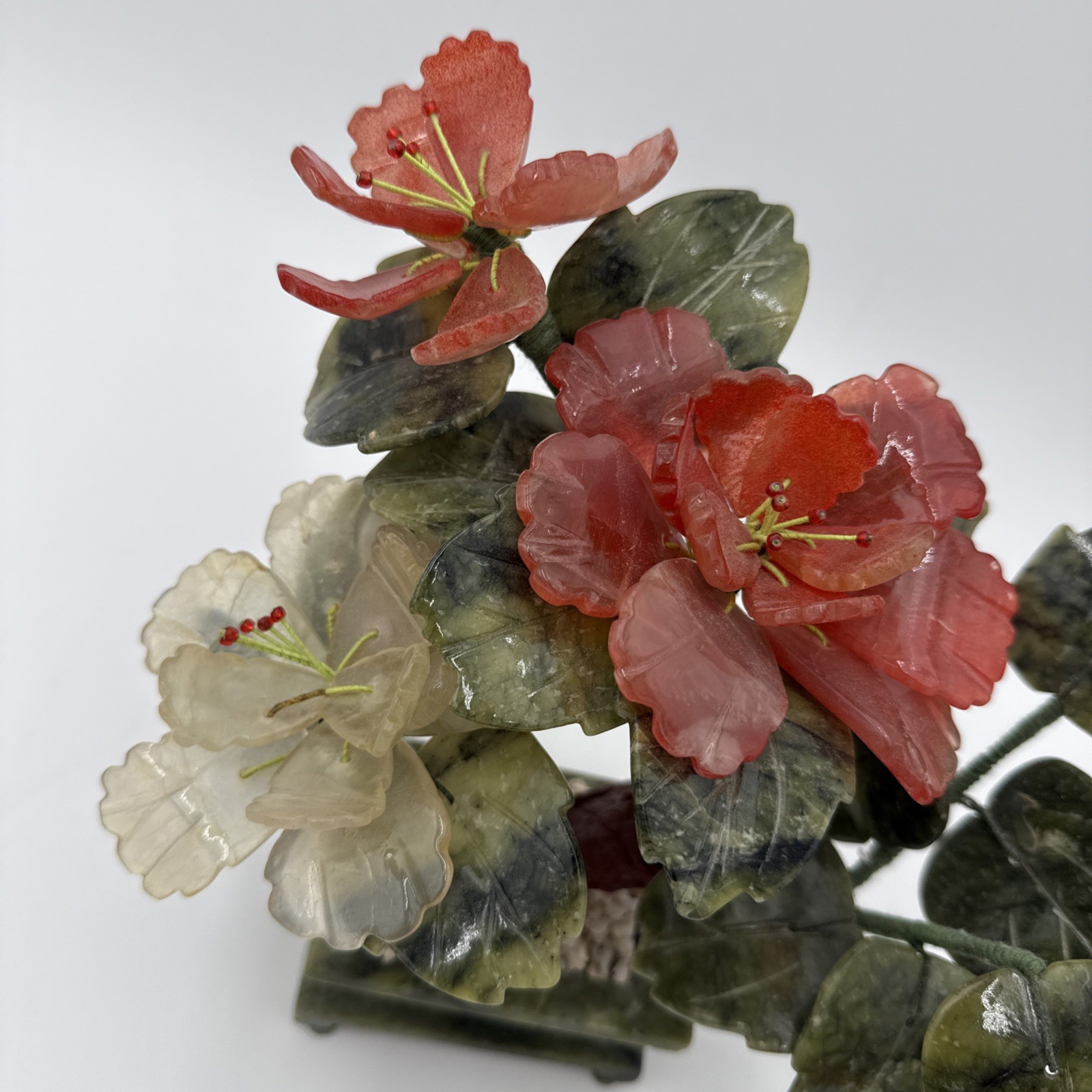 Vintage Chinese Jade Quartz Bonsai Tree Floral In Celadon Pot Carved Flower Tree