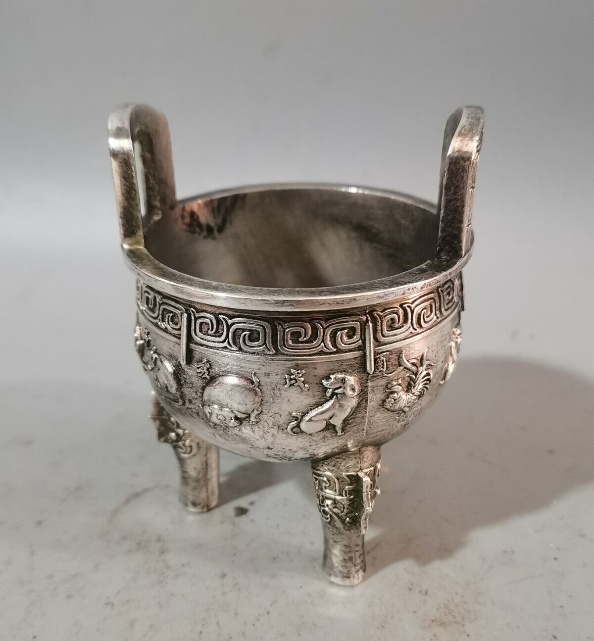 4″ tibet silver copper carved 12 Zodiac animals Three legs ding Incense Burner