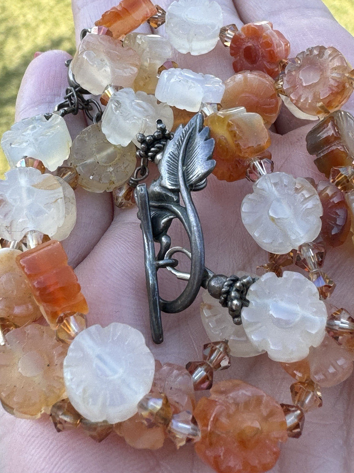 Antiqued Chinese? Carved Carnelian Agate Floral STERLING mar Set Choker Bracelet