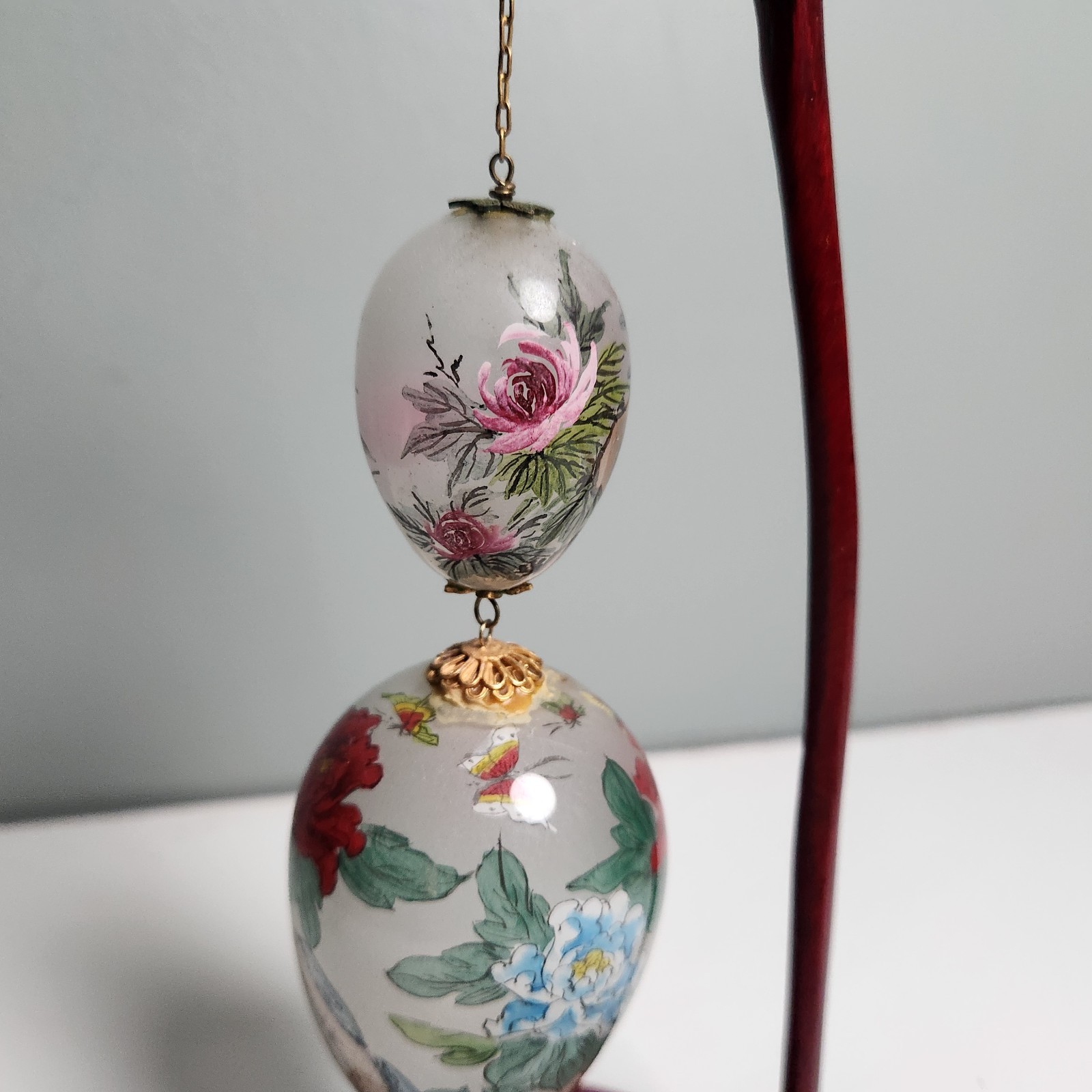 Vintage Chinese Reverse Hand Painted Glass Egg Hanging Wood Display