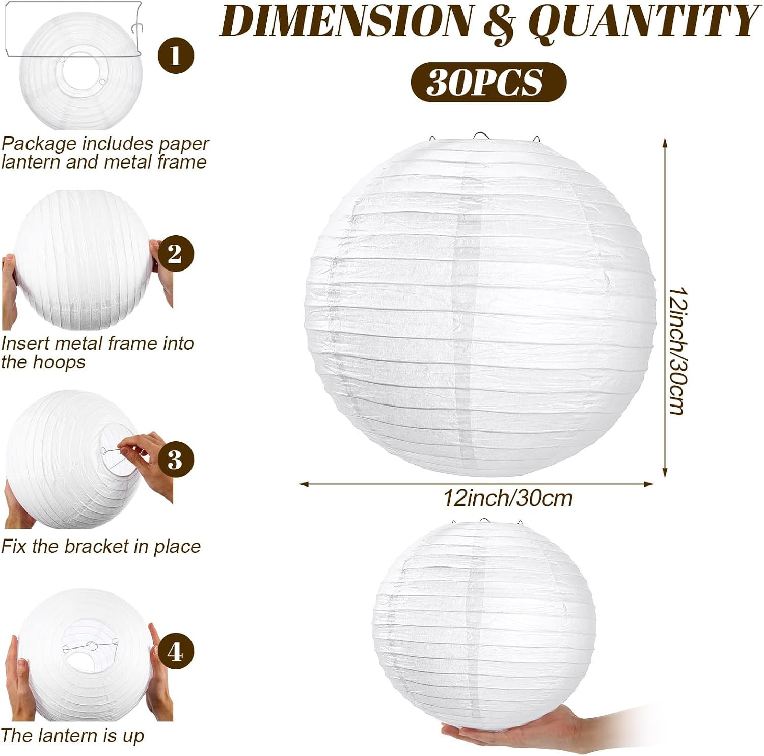 30 Pack White Chinese Japanese Paper Lanterns Decorative Hanging round Paper Lan