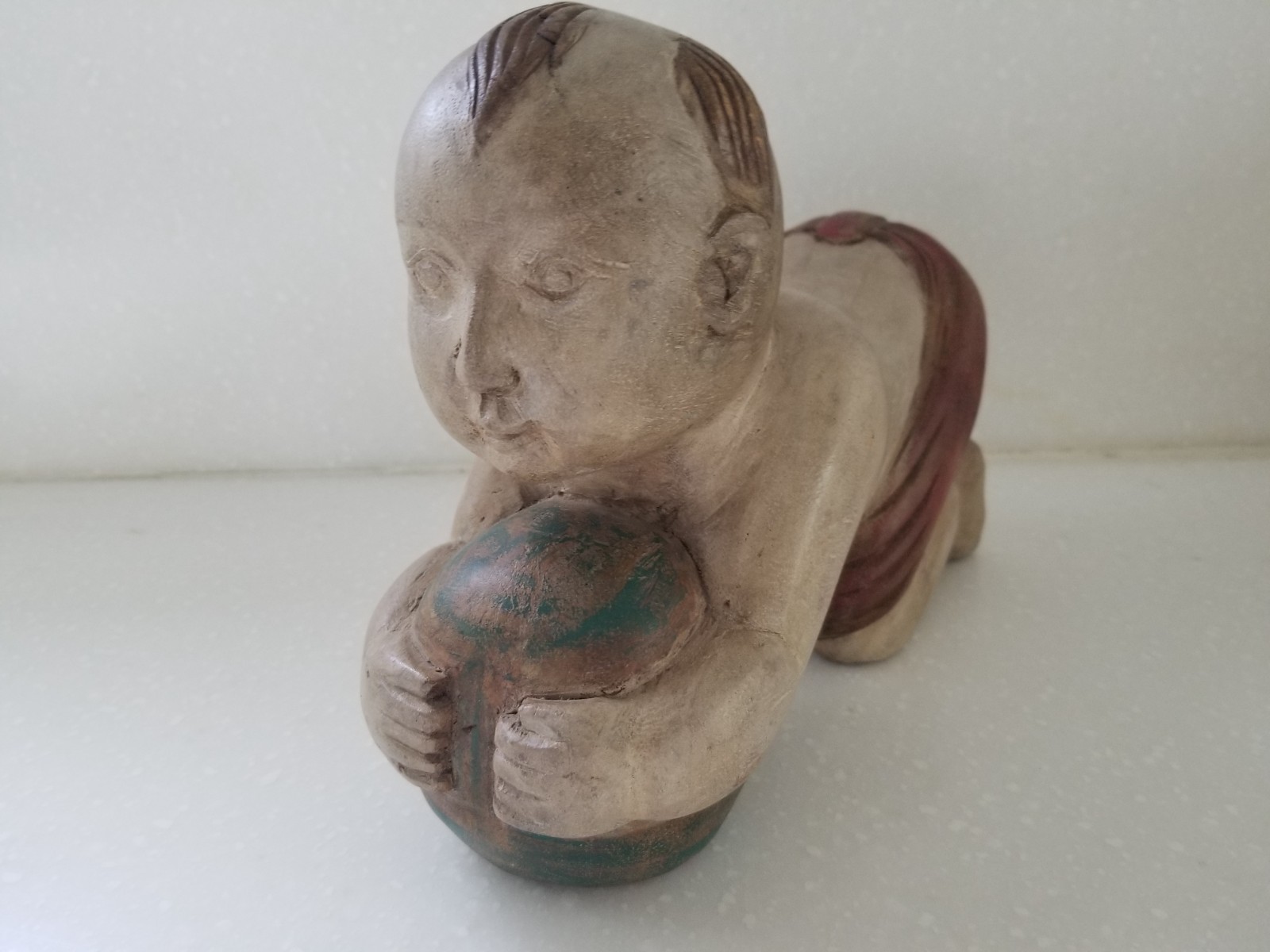 Vintage Chinese Opium Pillow Boy with Ball Solid Wood Headrest Hand Carved 9×7.5