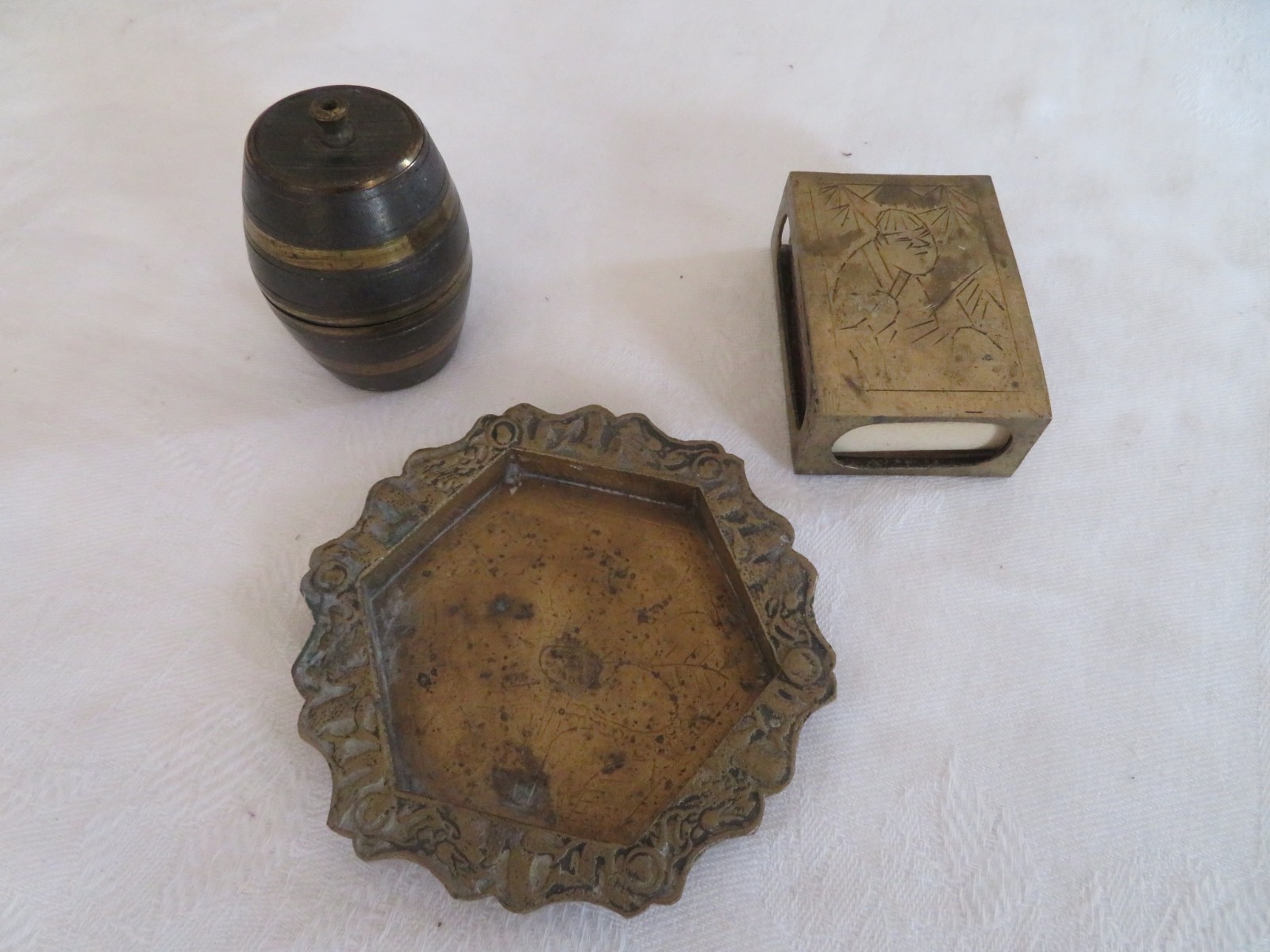 3 vintage Chinese Brass Matchbox Holder, Ashtray, Barrel Match Safe