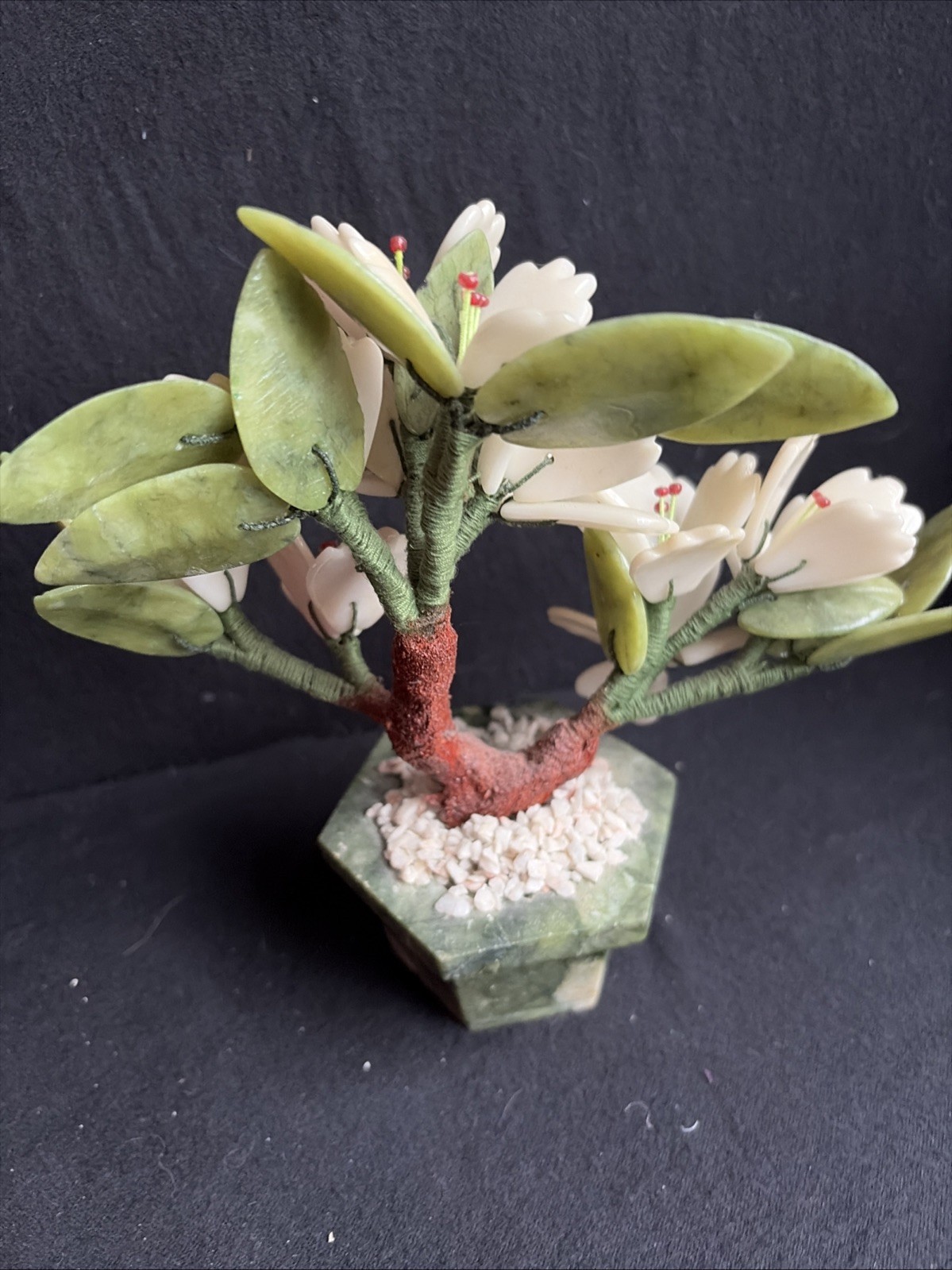 Vintage Oriental Stone Carved Jade Agate Bonsai Multi Flower Tree In Stone Pot