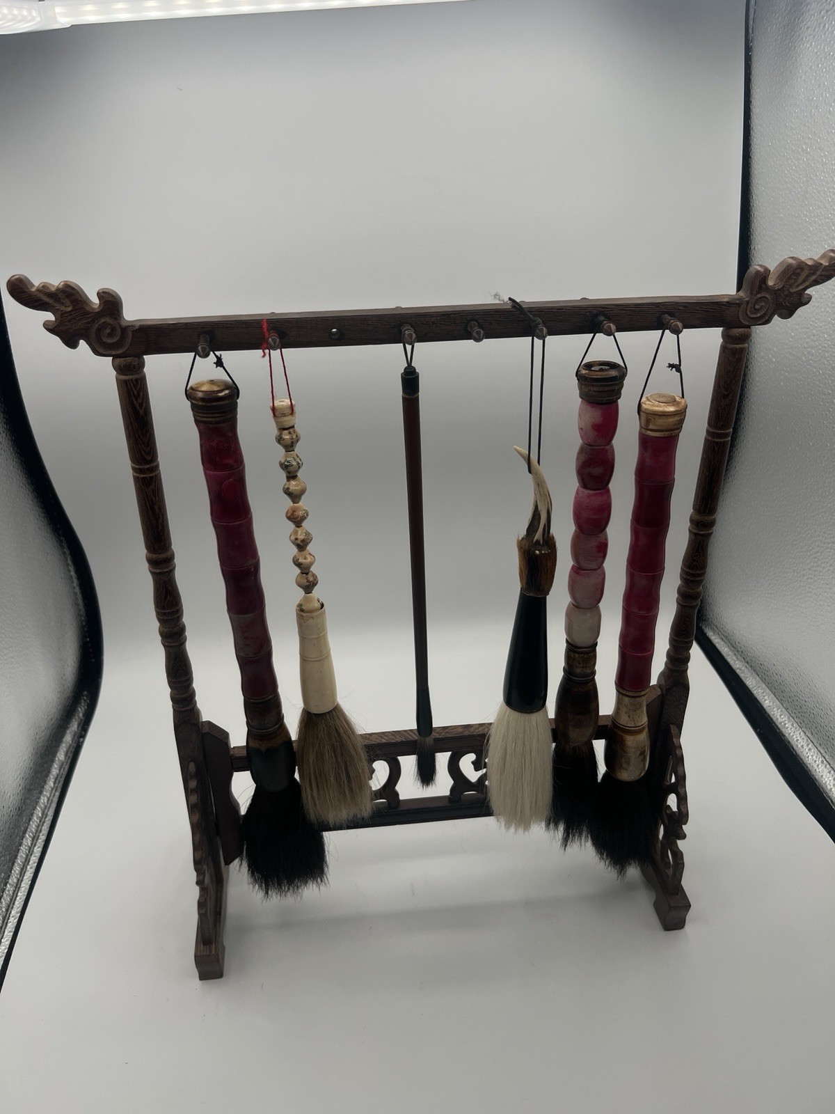 Antique CHINESE Calligraphy Hanging Brush Rosewood Display Stand & Brush Set