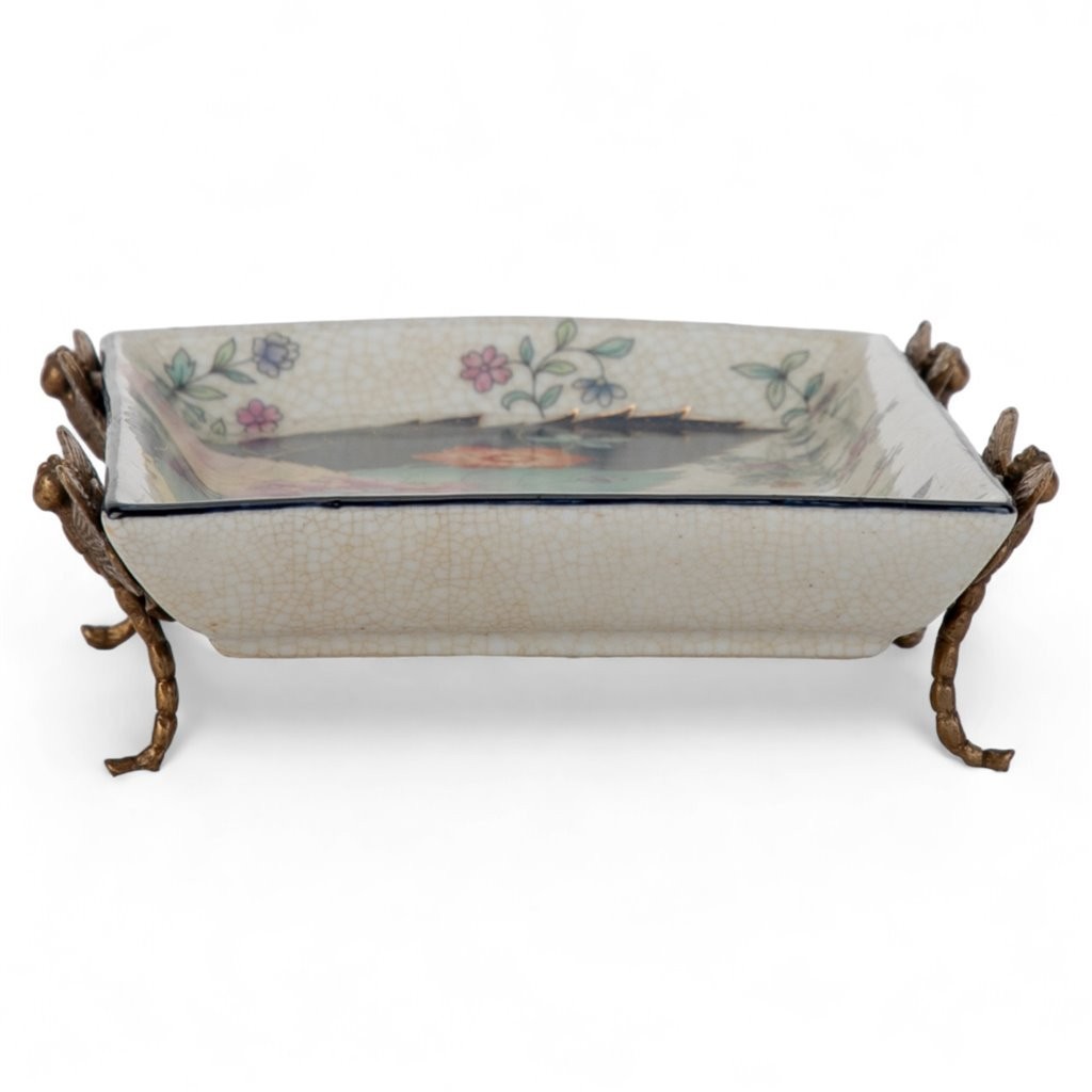PORCELAIN Chinese TOBACCO LEAF MOTIF TRAY WITH BRONZE ORMOLU dragonflies
