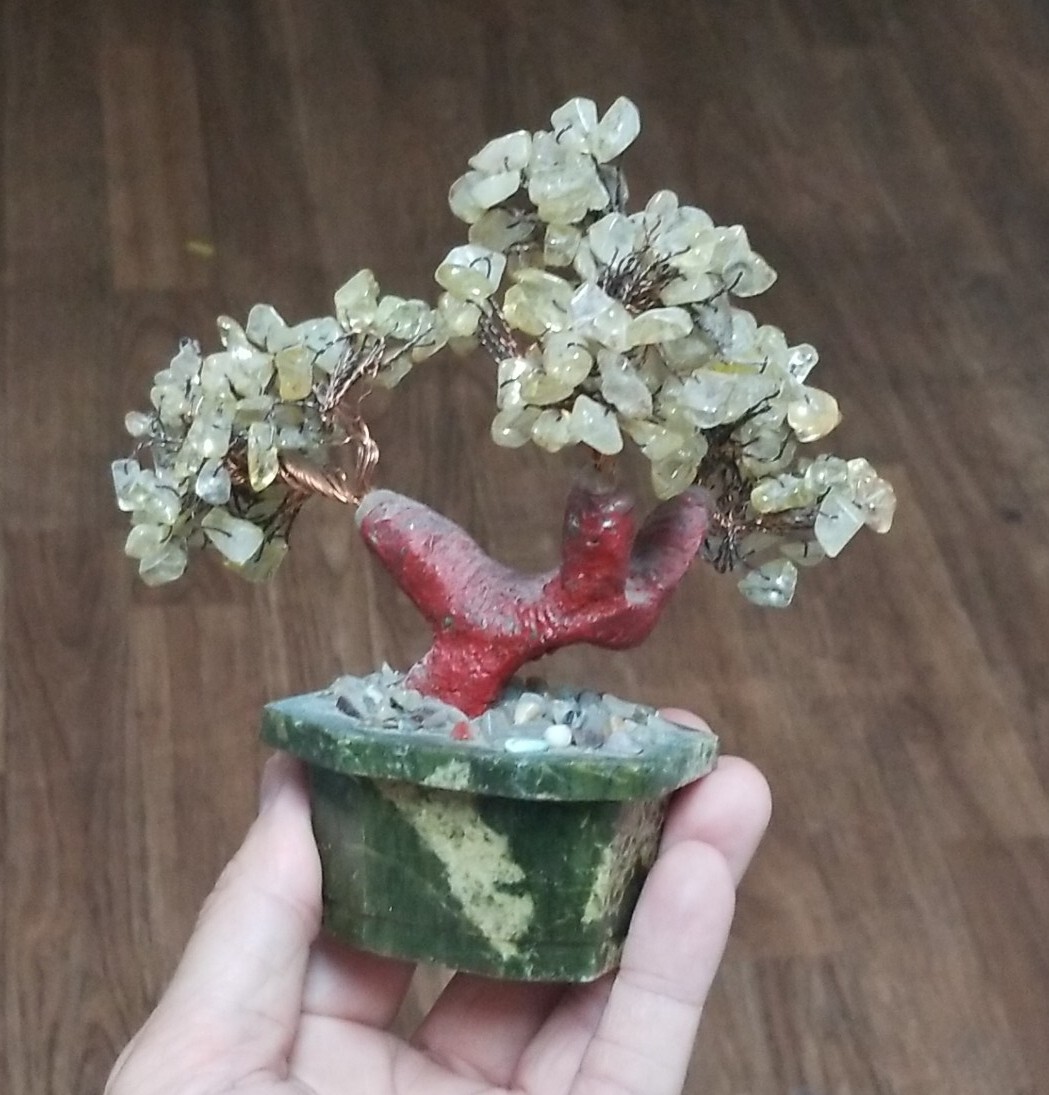 Vintage 6″ Stone Asian Vintage Carved Bonsai Tree Copper Wire with Stone Pot