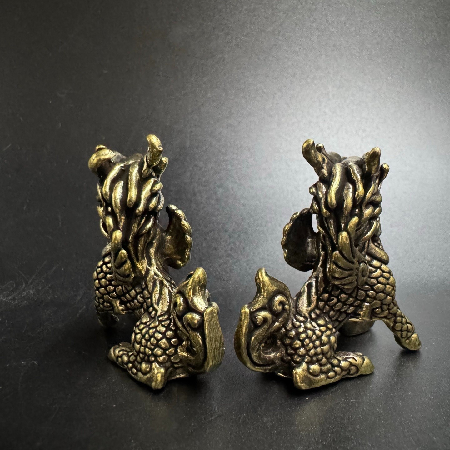 Pair Brass Winged Qilin Statues Chinese Feng Shui Wealth Lucky Mini Ornaments