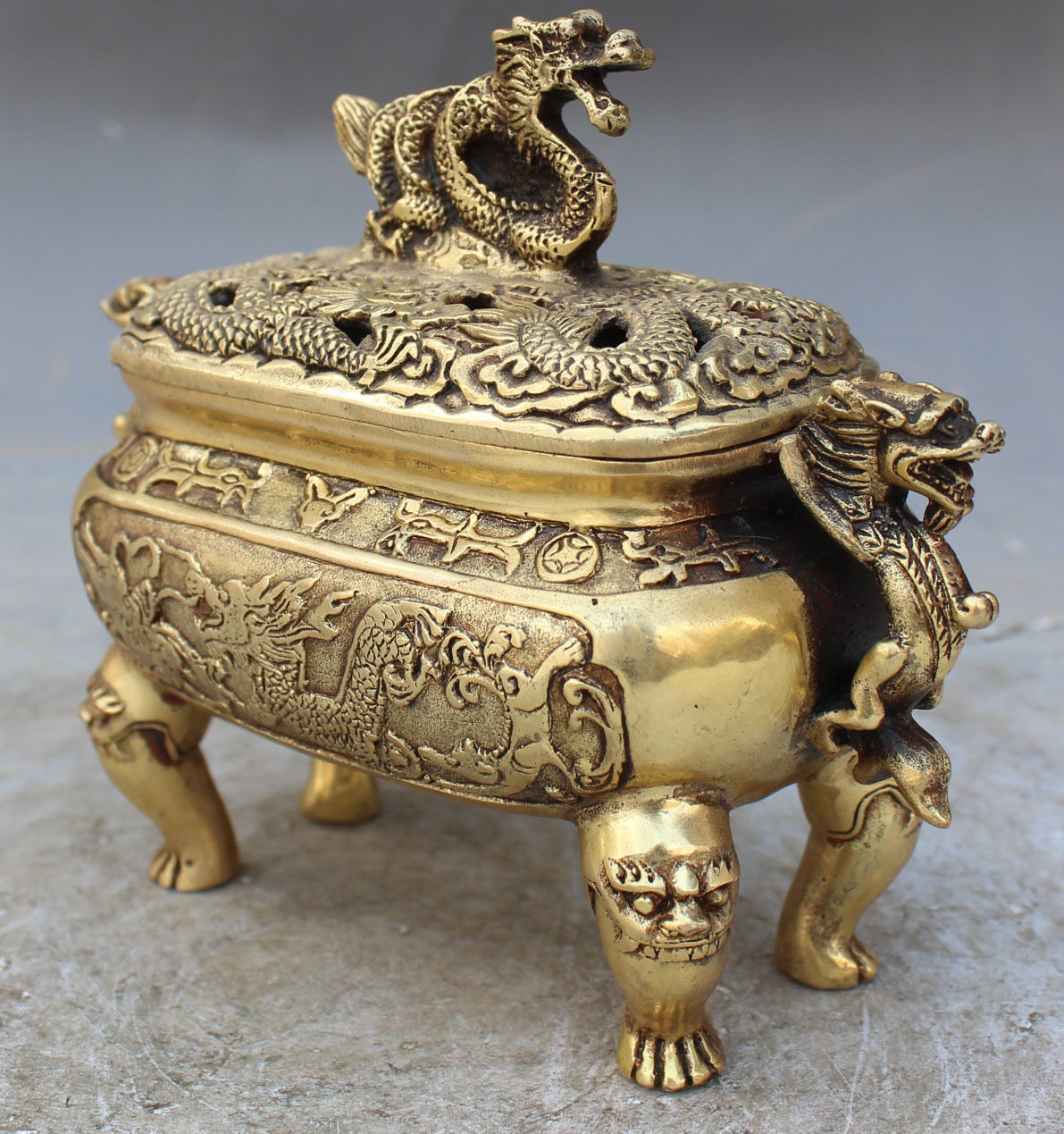 Marked Chinese Old Bronze Dragon Dragons Foo Fu Dog Lion Incense Burner Censer