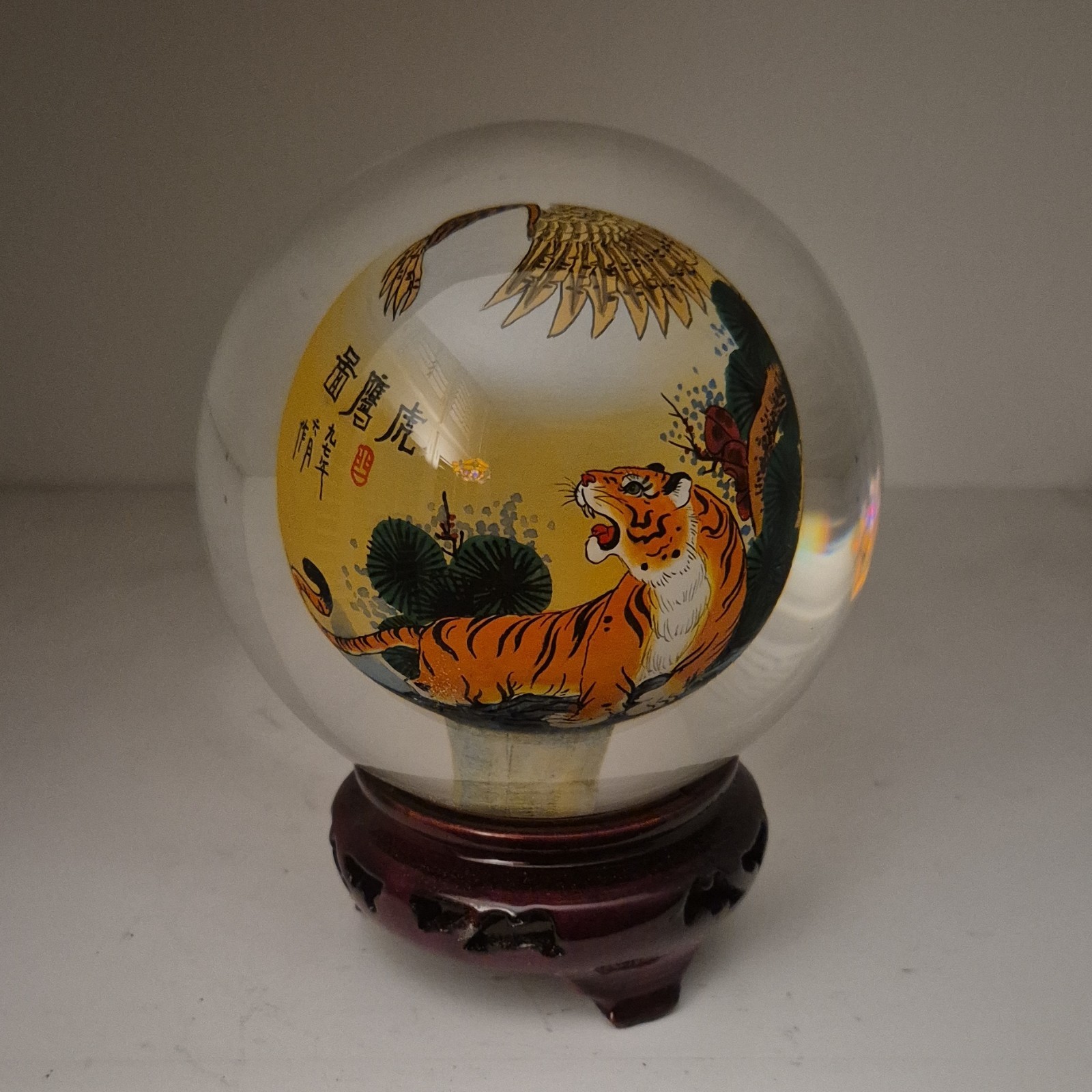 Large 4.5″ Vintage 1997 Chinese Inner-Painted Crystal Ball-Eagle & Tiger Stand