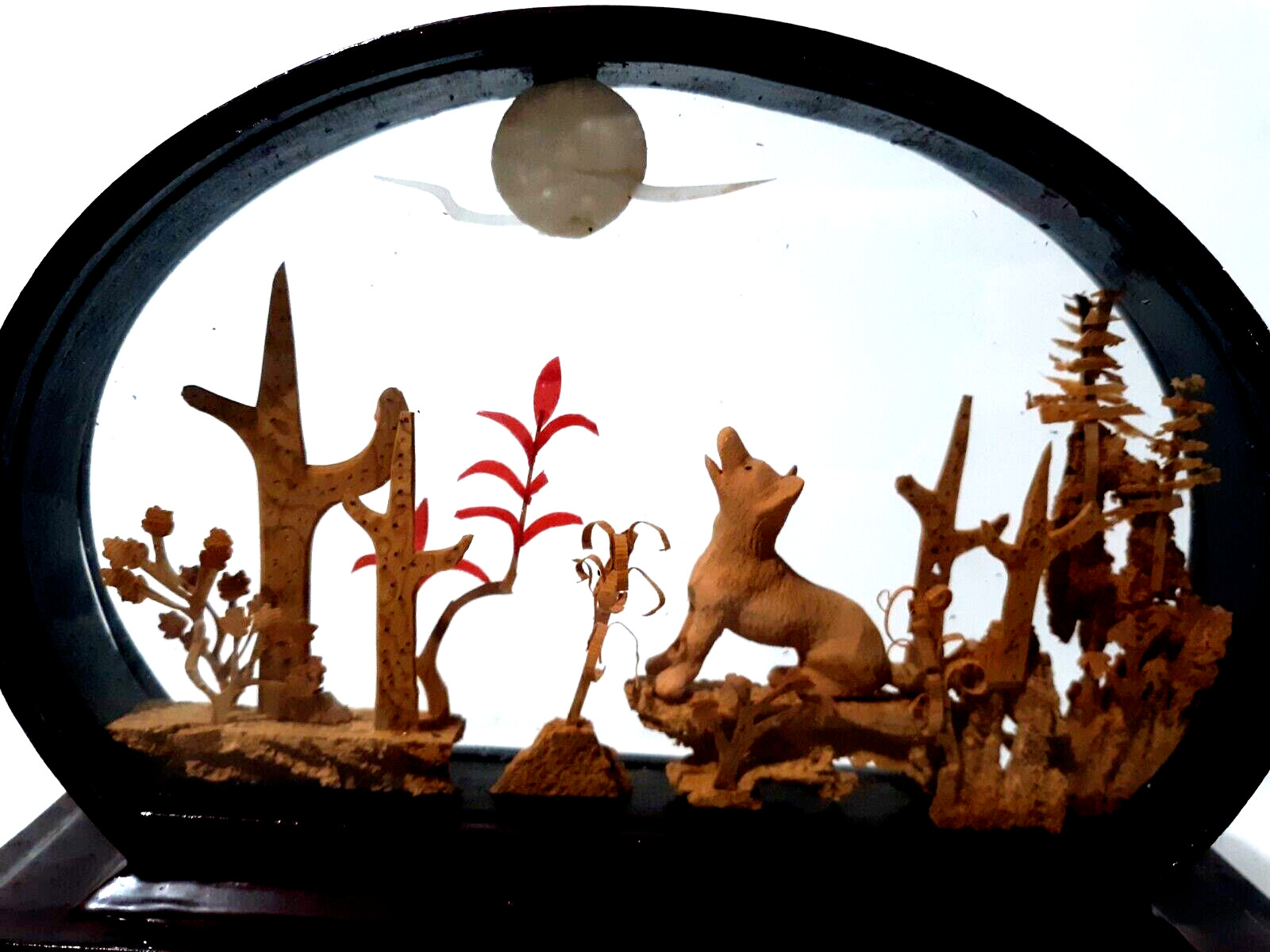 VTG Chinese Art Cork Hand Carved Diorama Bamboo Frame Desert Scene Howling Moon