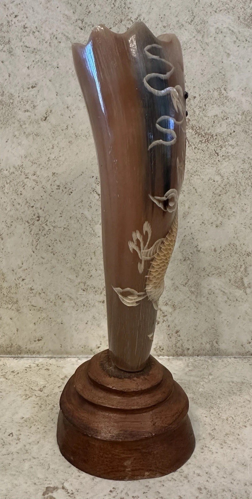 Vintage Thai Carved Horn Vase Dragon Motif Handicraft Wood Base Decor – Textured