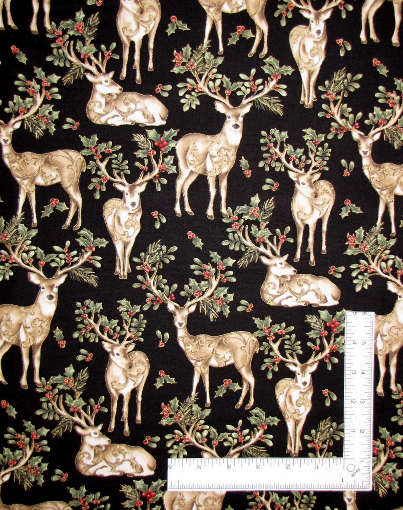 Christmas Deer Holly Black Gold Fabric By The Yard Winter Pines Cotton Benartex