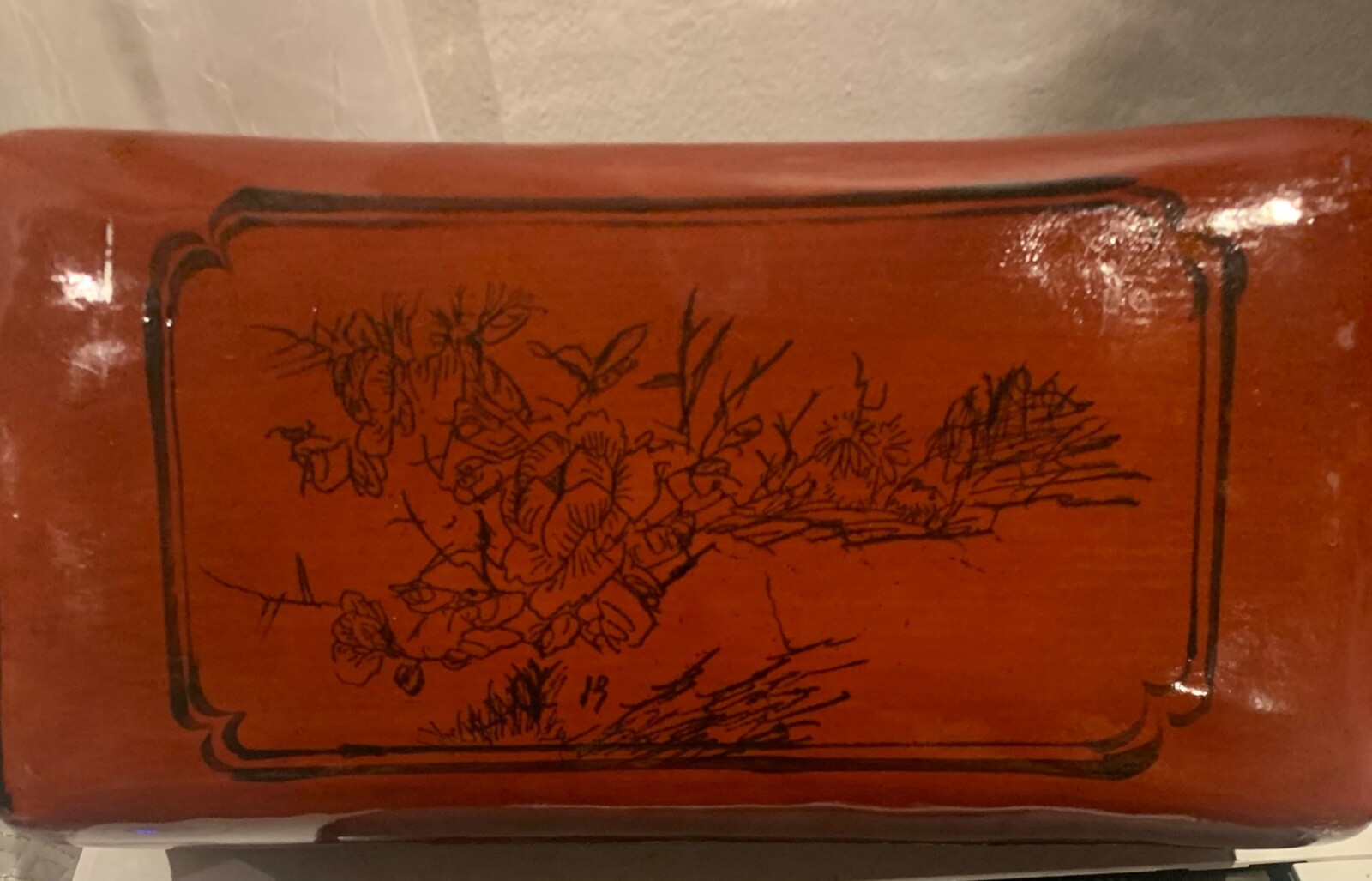 VTG Chinese Lacquered Leather Opium Pillow , Size is 10 1/2″ x 5″ x 3.75″