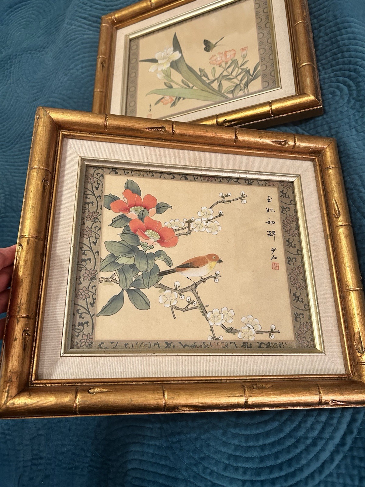 Vintage Chinese Silk Handpainted Bird Art In Gold Bamboo Frames 14×12” – 2